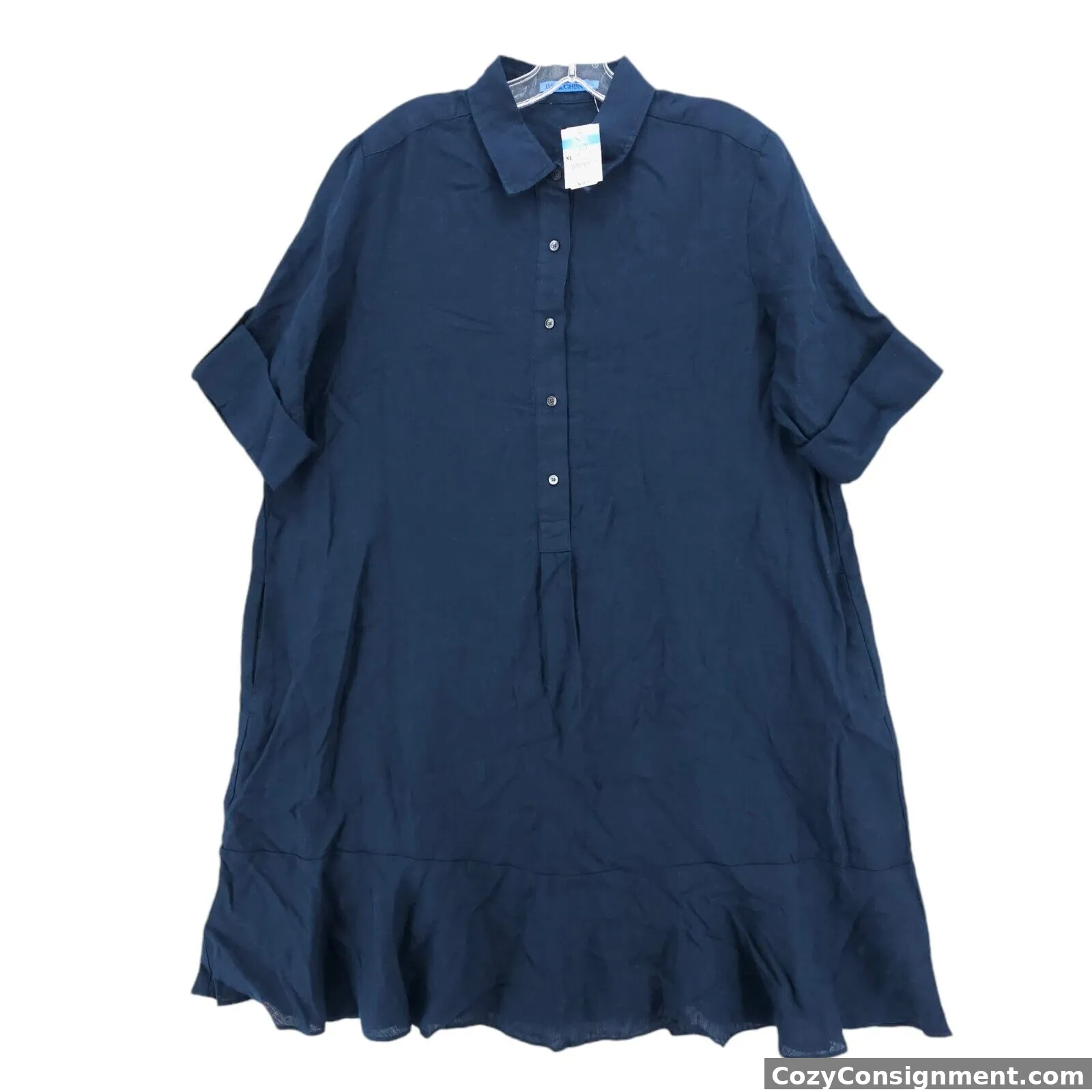 NWT J. McLAUGHLIN Wellesley 100% Linen Shirt Dress Navy Blue Flounce Roll Tab XL