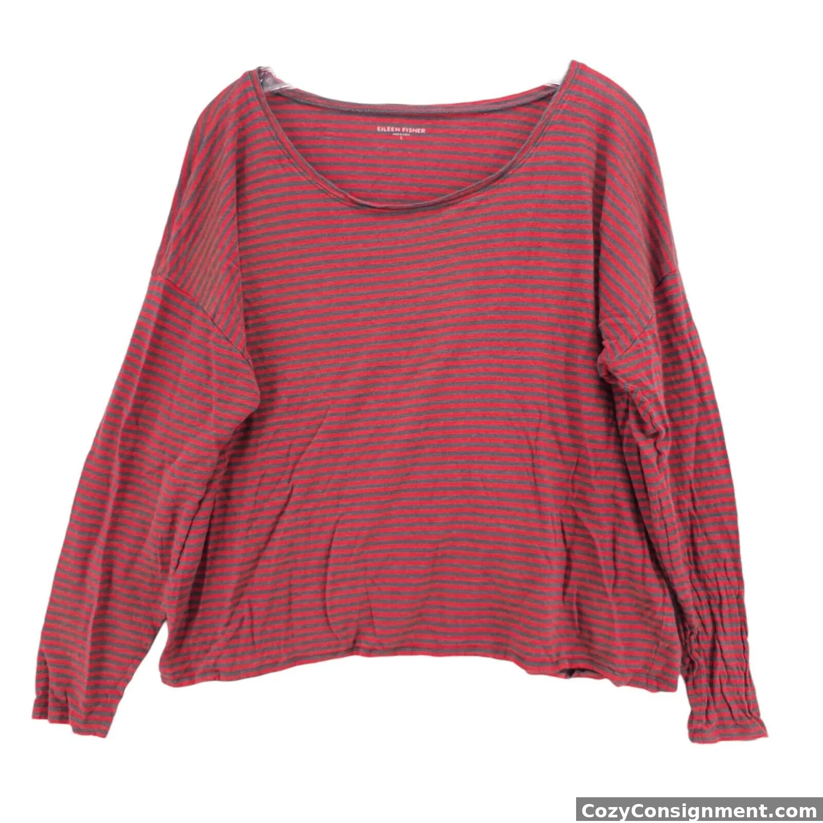 EILEEN FISHER 100% Linen Tee Red Gray Stripe Relaxed Boxy Fit Size LARGE