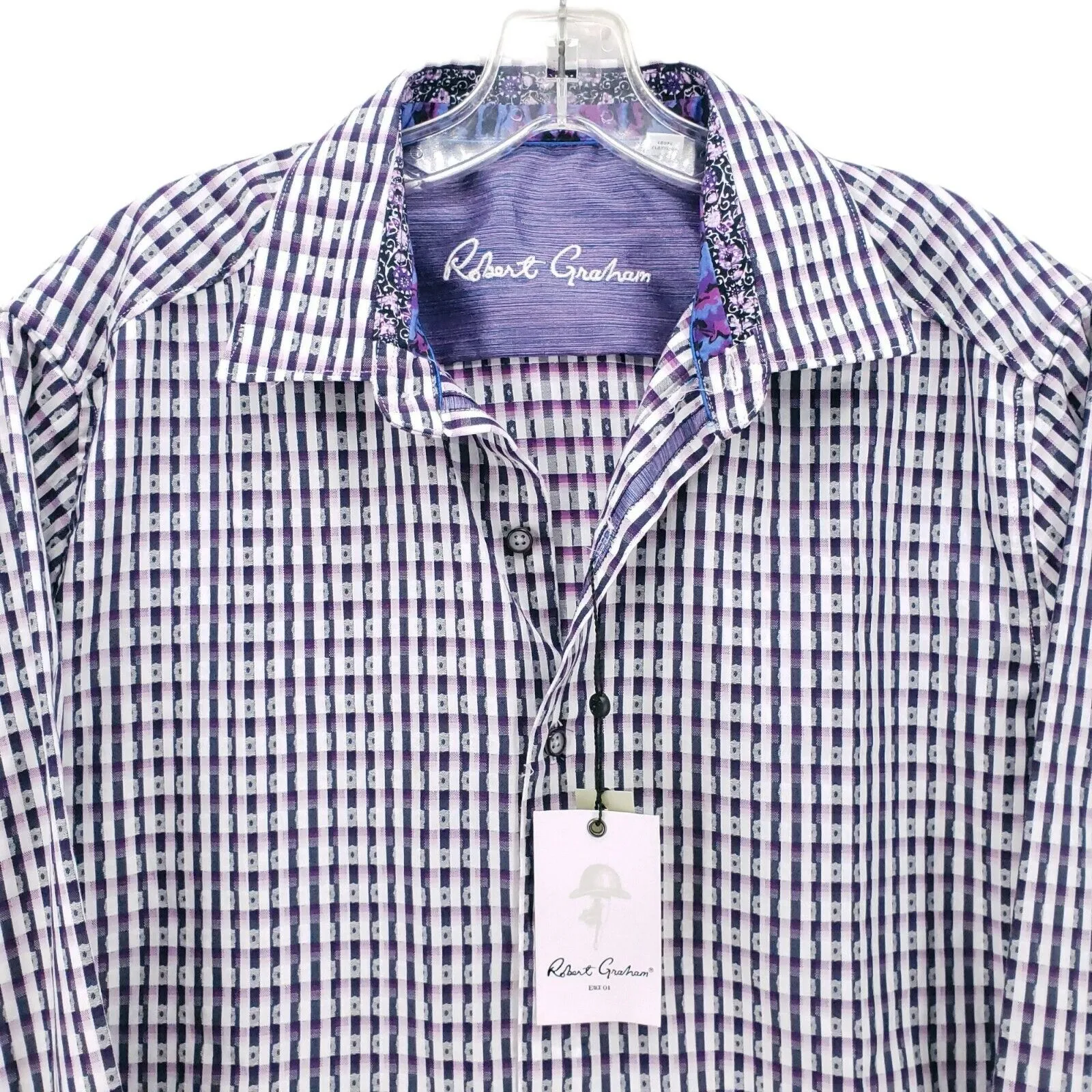 NWT Robert Graham HACKMAN Berry Flip Cuff Purple Floral Check Shirt MEDIUM