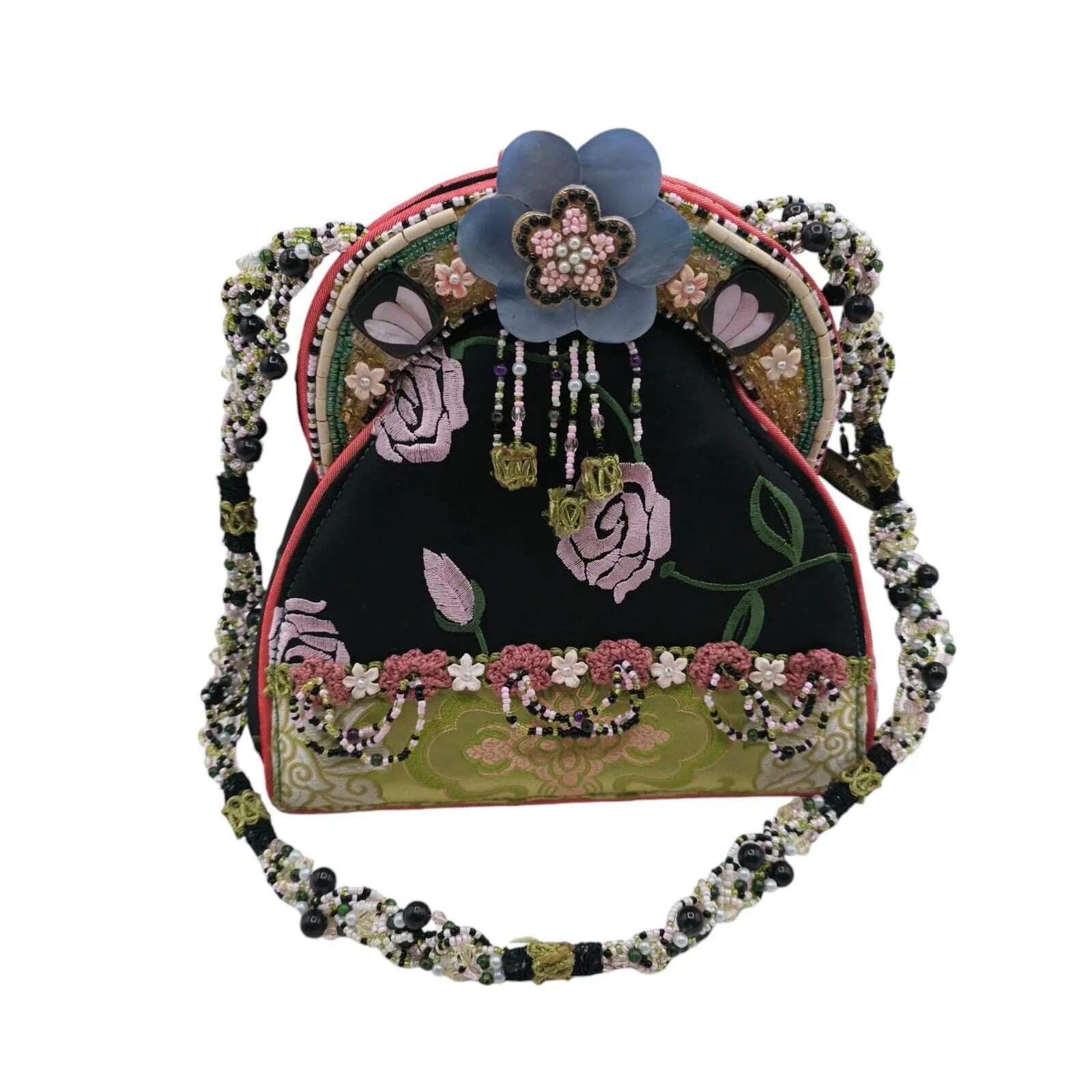 MARY FRANCES Handbag Purse Beaded Embroidered Floral Black Pink Green