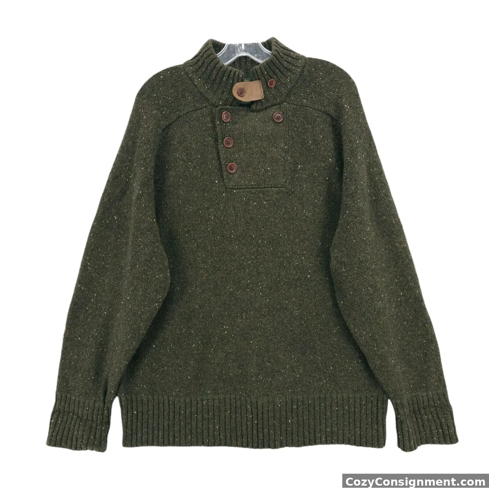 ORVIS Signature Collection Button Mock Sweater Wool Cashmere Green Speckled XL