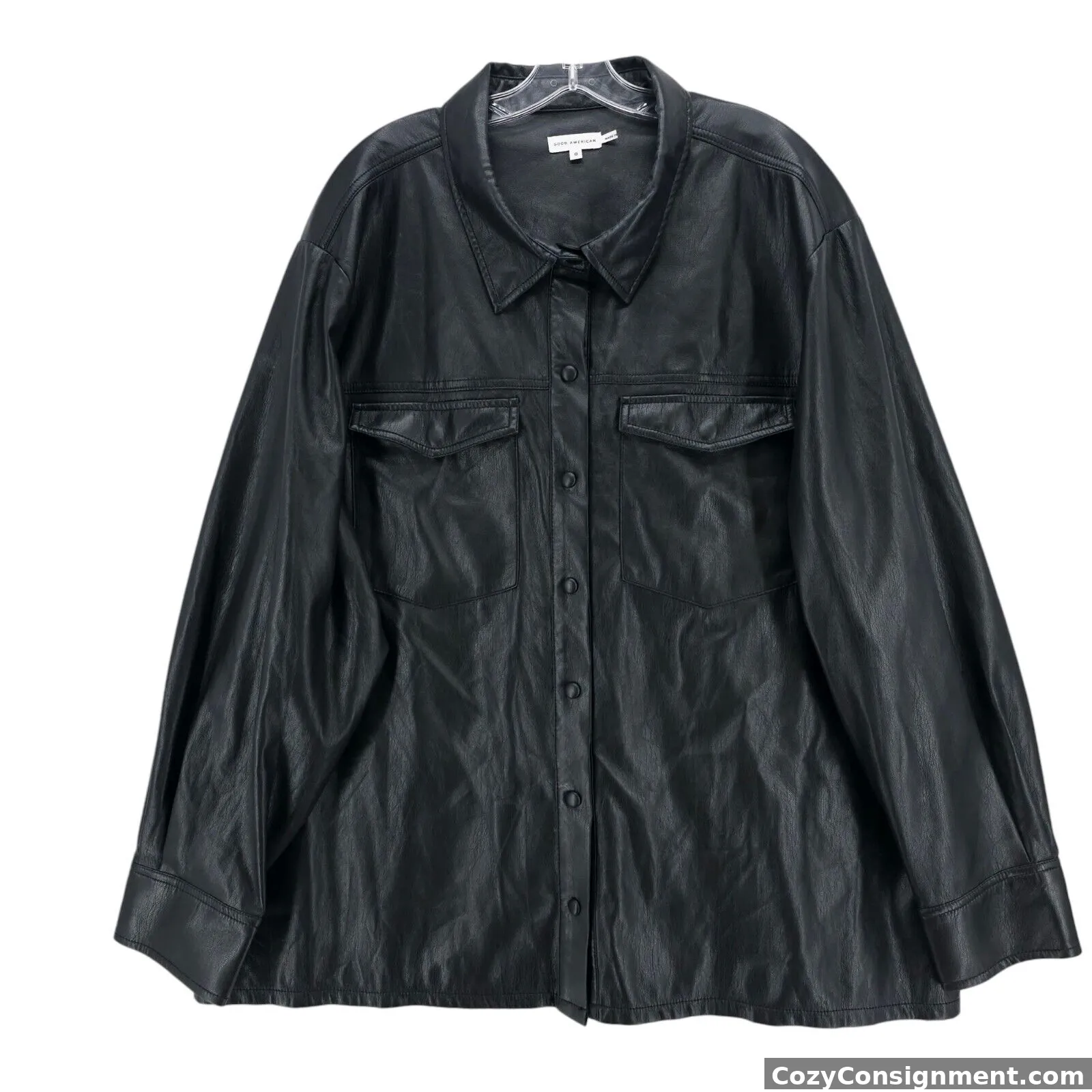 GOOD AMERICAN Black Faux Leather Utility Shirt Jacket Shacket Snaps Size 8 - 5XL