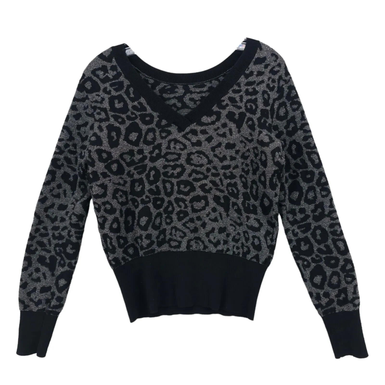 ALLSAINTS Roxanne Jumper Black Gray Metallic Leopard Jacquard Sweater SMALL