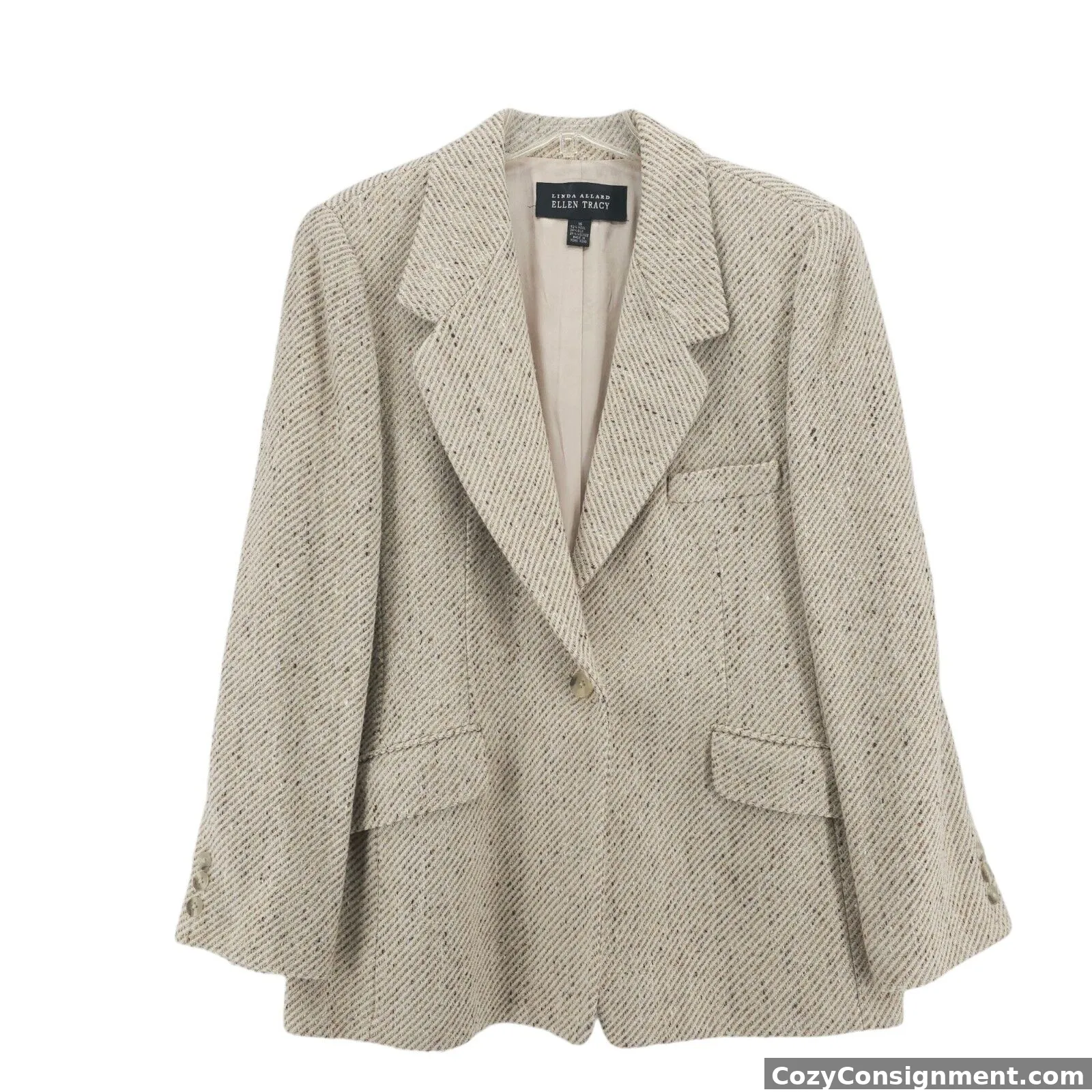 Linda Allard Ellen Tracy Blazer Jacket Beige Tweed Diagonal Stripe Silk Wool 14