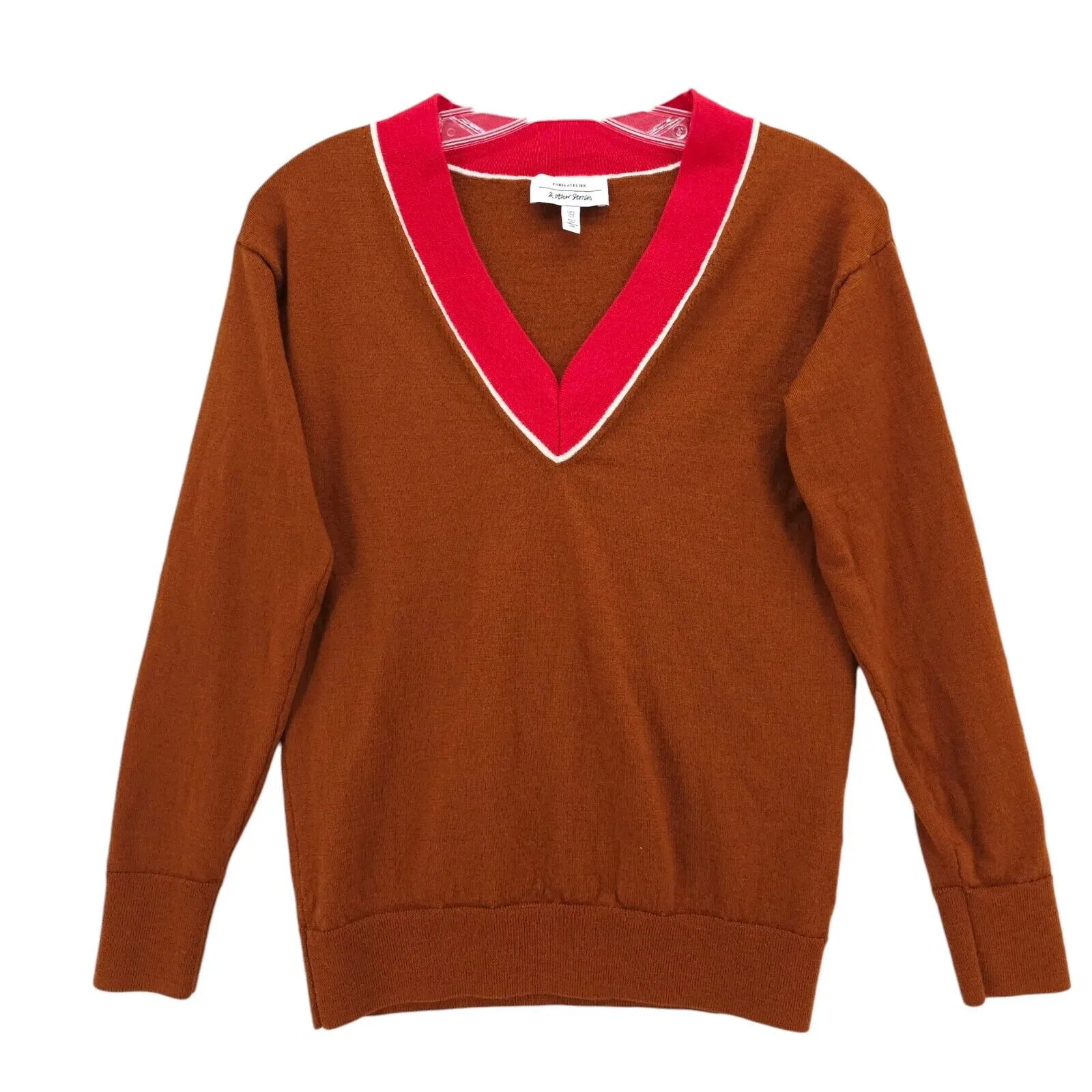 Paris Atelier & other Stories 100% Wool Sweater Pullover V-Neck Brown Red SMALL