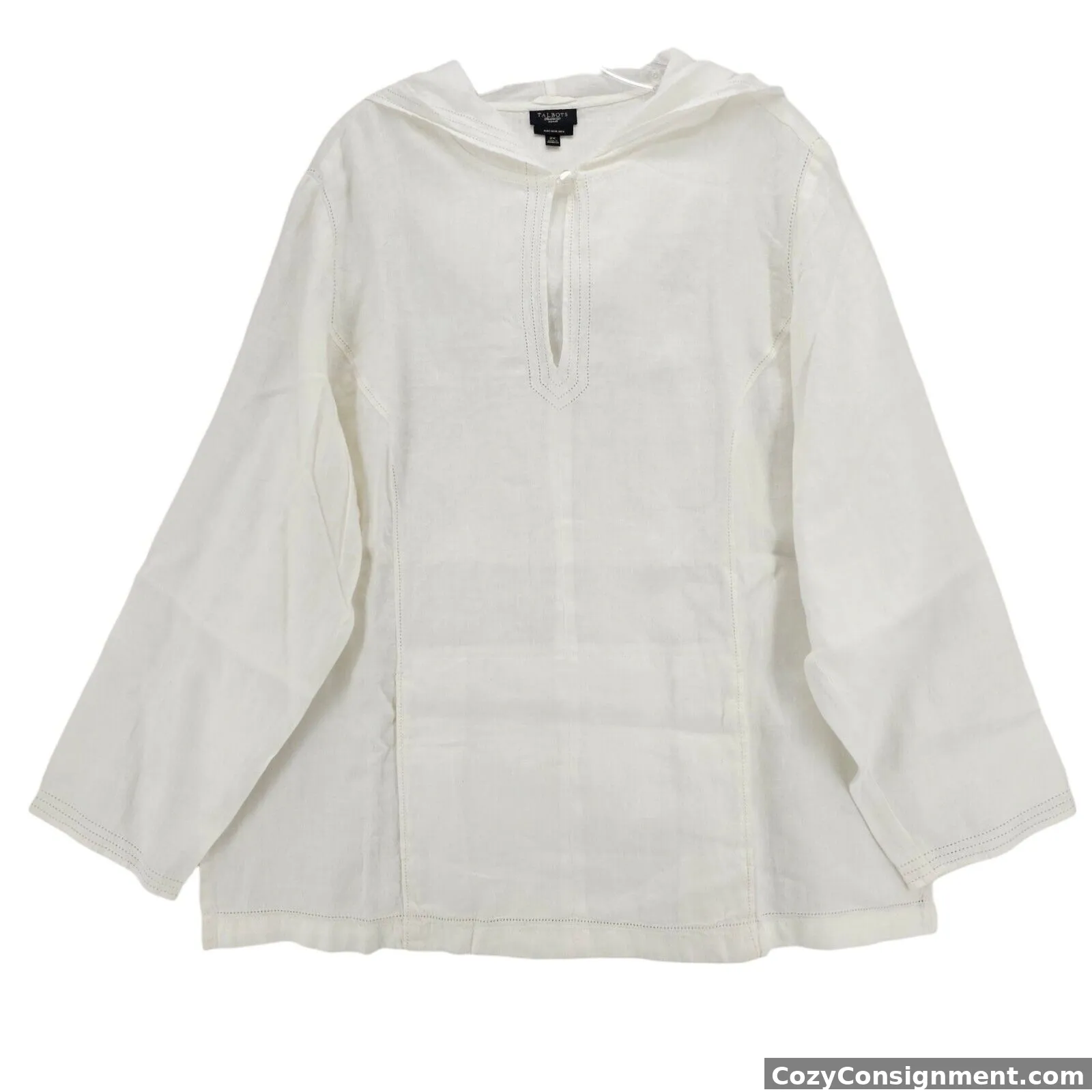 TALBOTS White 100% Irish Linen Hooded Popover Tunic Perforated Pocket Size 2X