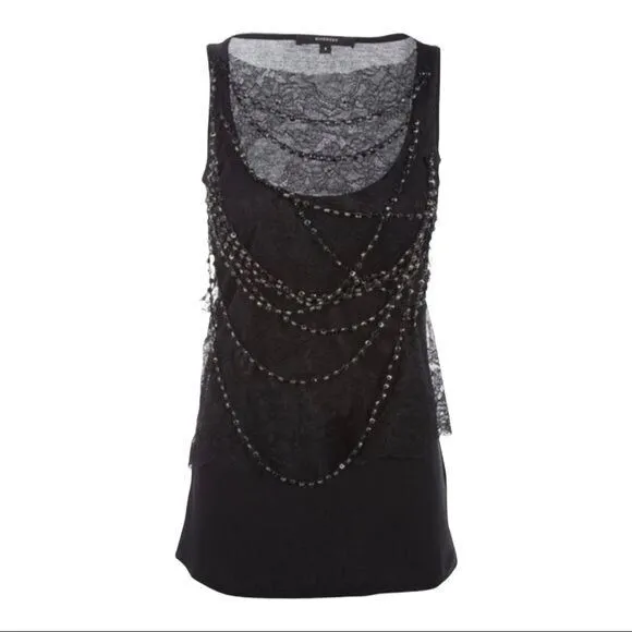 GIVENCHY Neck Lace Panel Beaded Tank Black Top Size Small