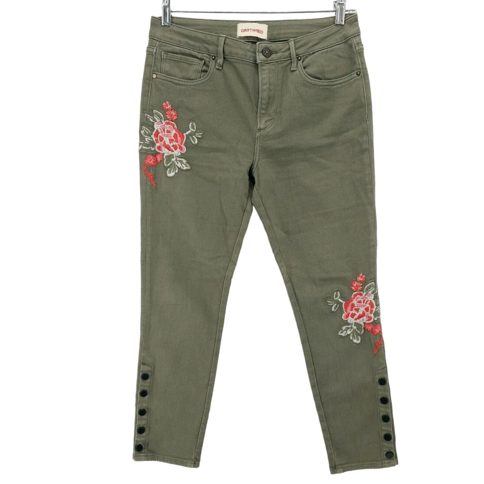 DRIFTWOOD Jackie Embroidered Jeans Olive Green Floral Ankle Buttons Size 29