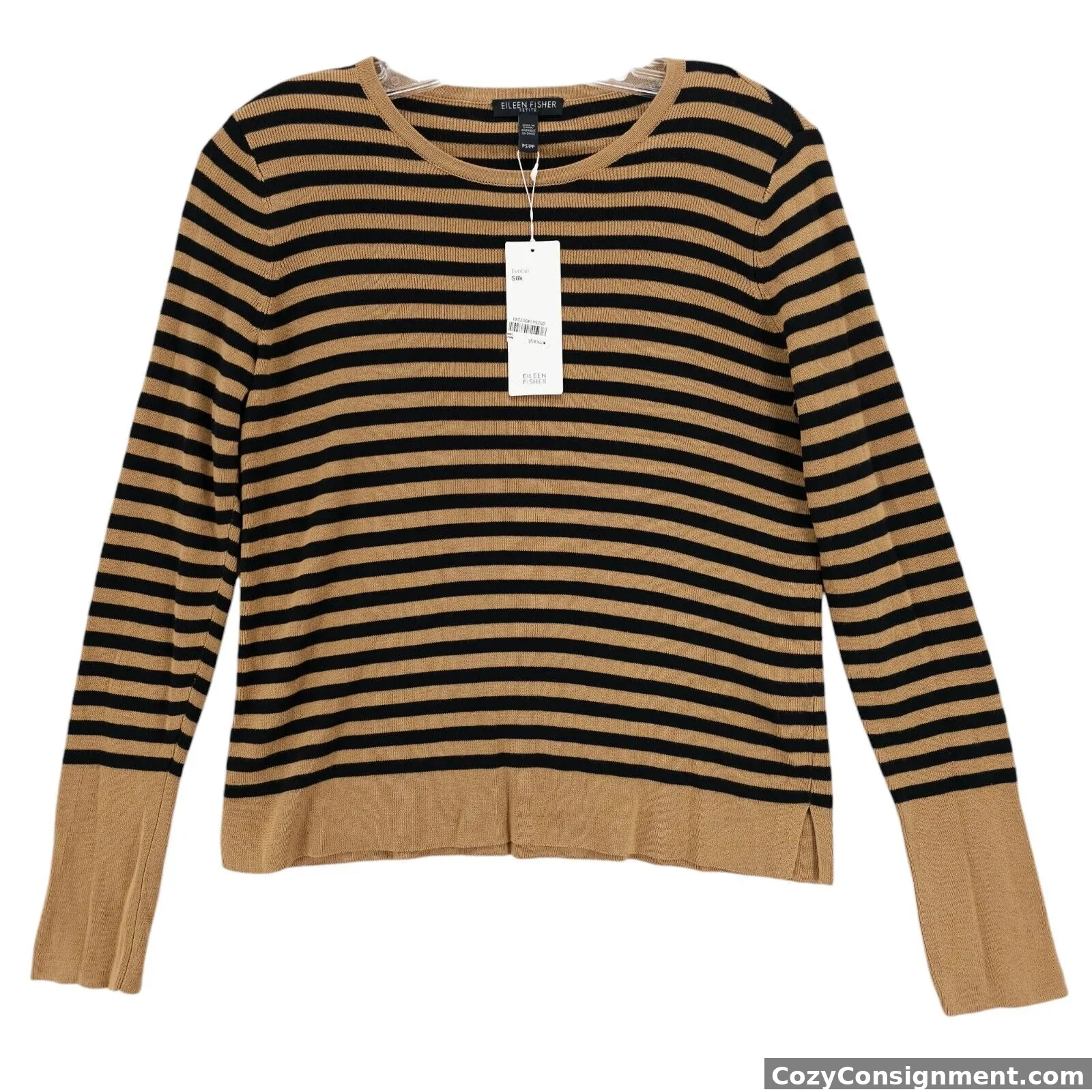 NWT EILEEN FISHER Tencel Silk Knit Top Sweater Pullover Clay Tan Black Stripe PS