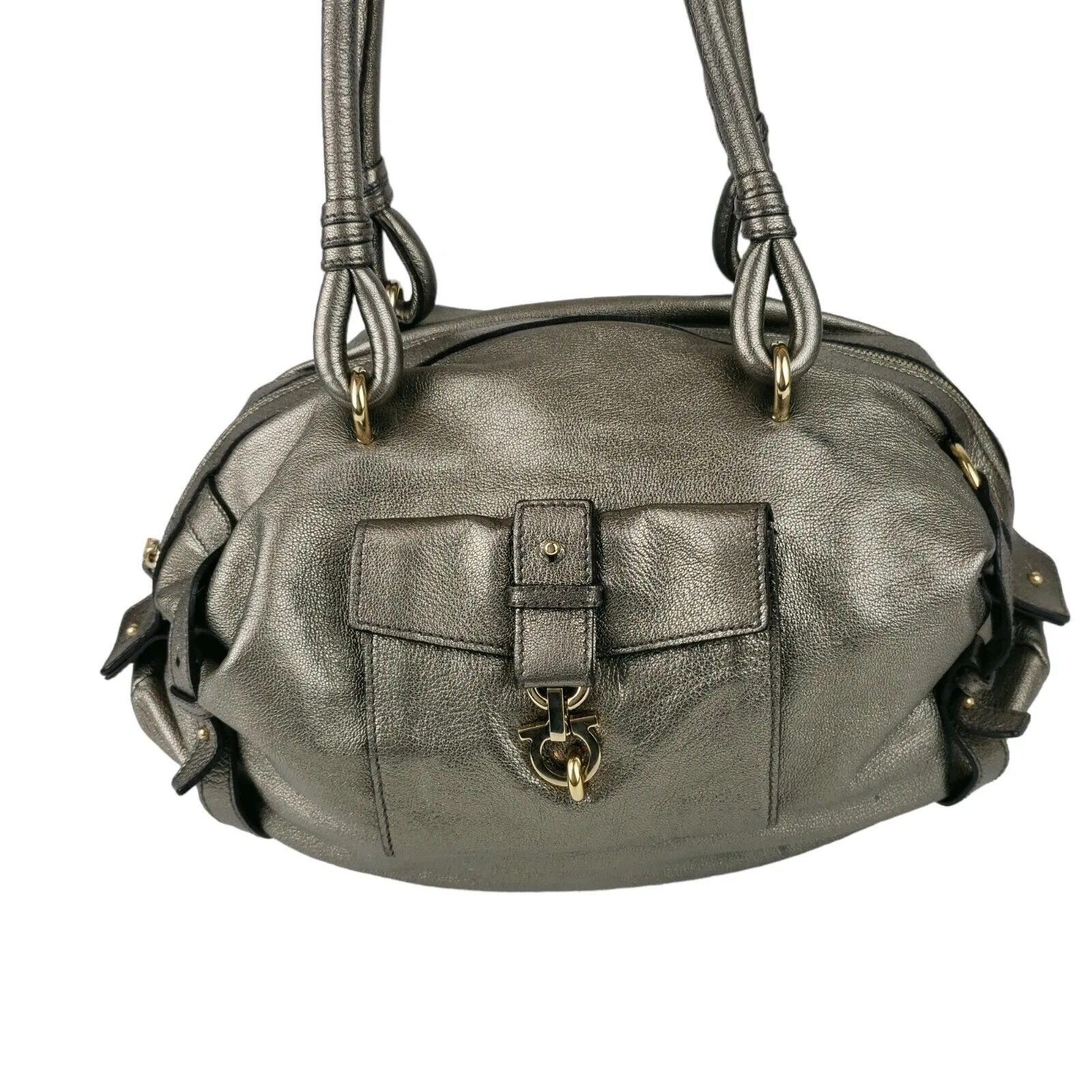 SALVATORE FERRAGAMO Gancini Bag Metallic Bronze Leather Double Handle