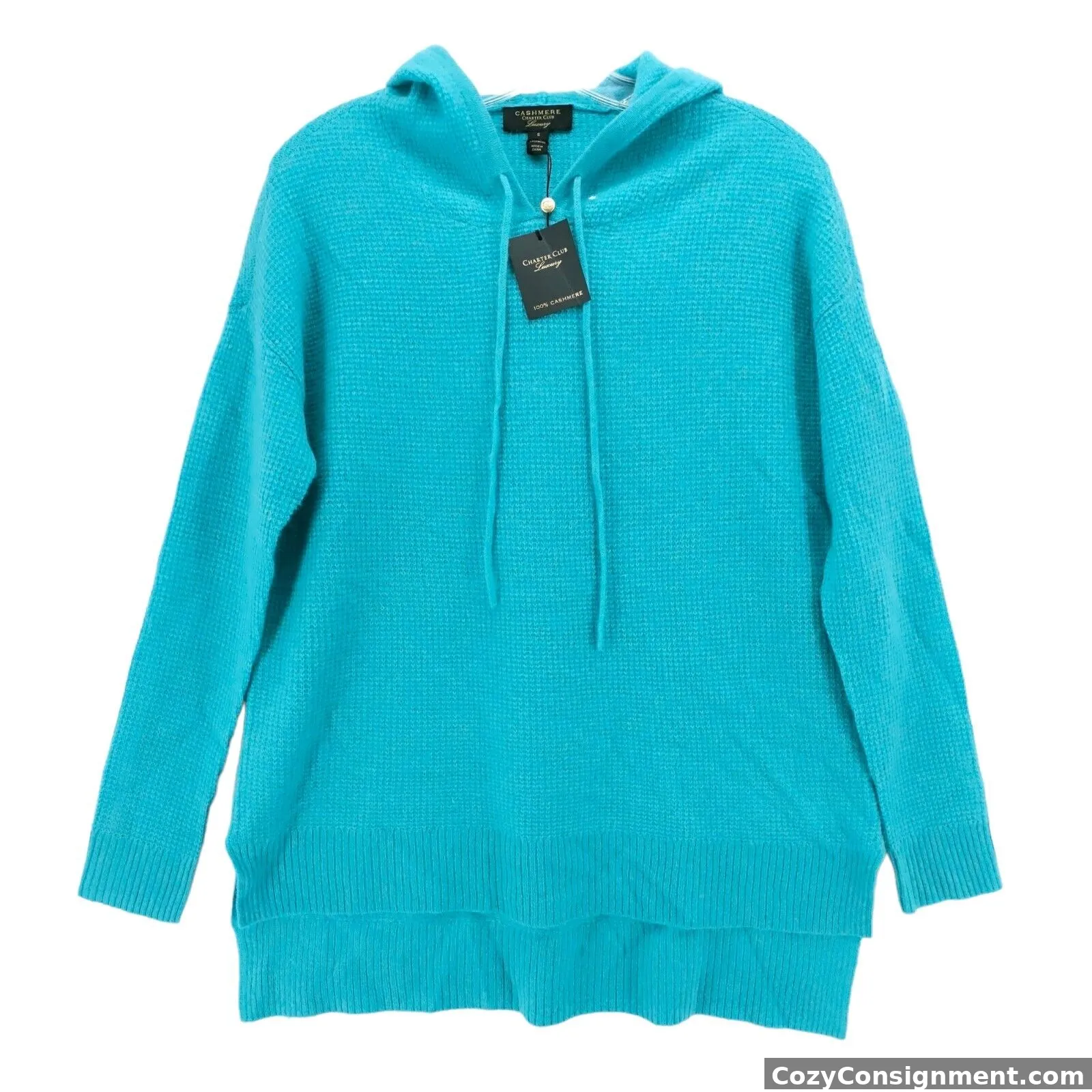 NWT Charter Club Teal 100% 2-Ply Cashmere Waffle Knit Hooded Sweater SMALL