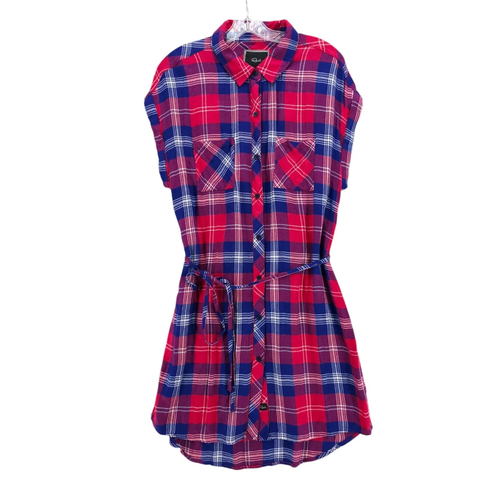 RAILS Blue Red Plaid Shirt Dress Tie Belt Short Sleeve 100% Rayon Woven LARGE