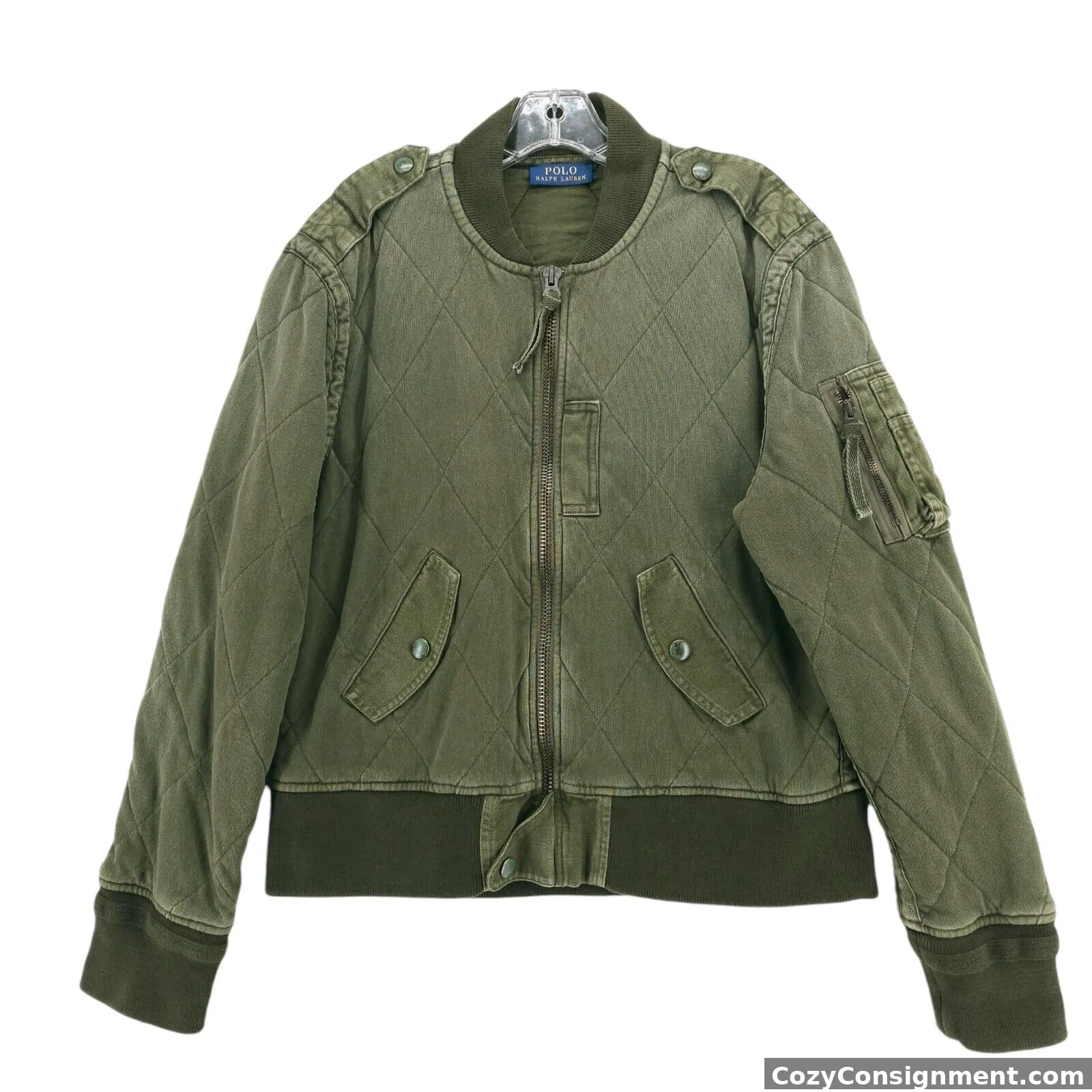 POLO RALPH LAUREN Green Quilted Bomber Jacket 100% Cotton Knit Women's LARGE