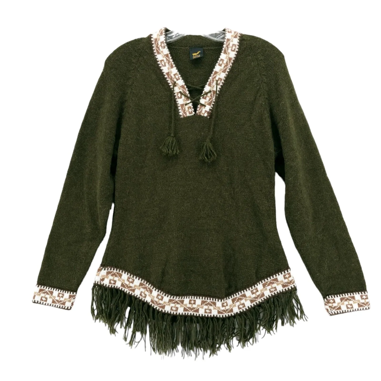 ALPACA Made in PERU Sweater Olive Green Fringe Est. Size SMALL