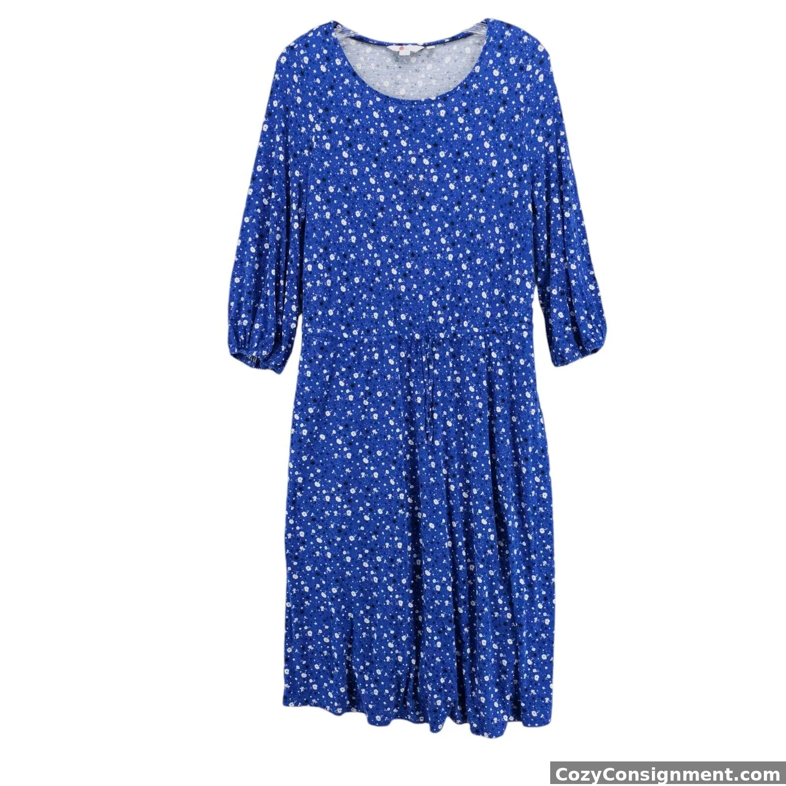 BODEN 3/4 Sleeve Jersey Dress Blue Floral Starts Elastic Waist Size US 8 L