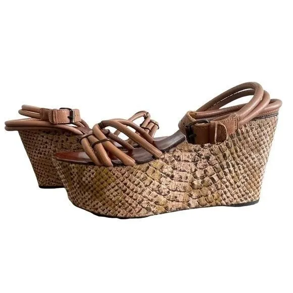 LANVIN Snake Print Platform Wedge Sandals Camel Brown Ete 2012 Size 38 US 7