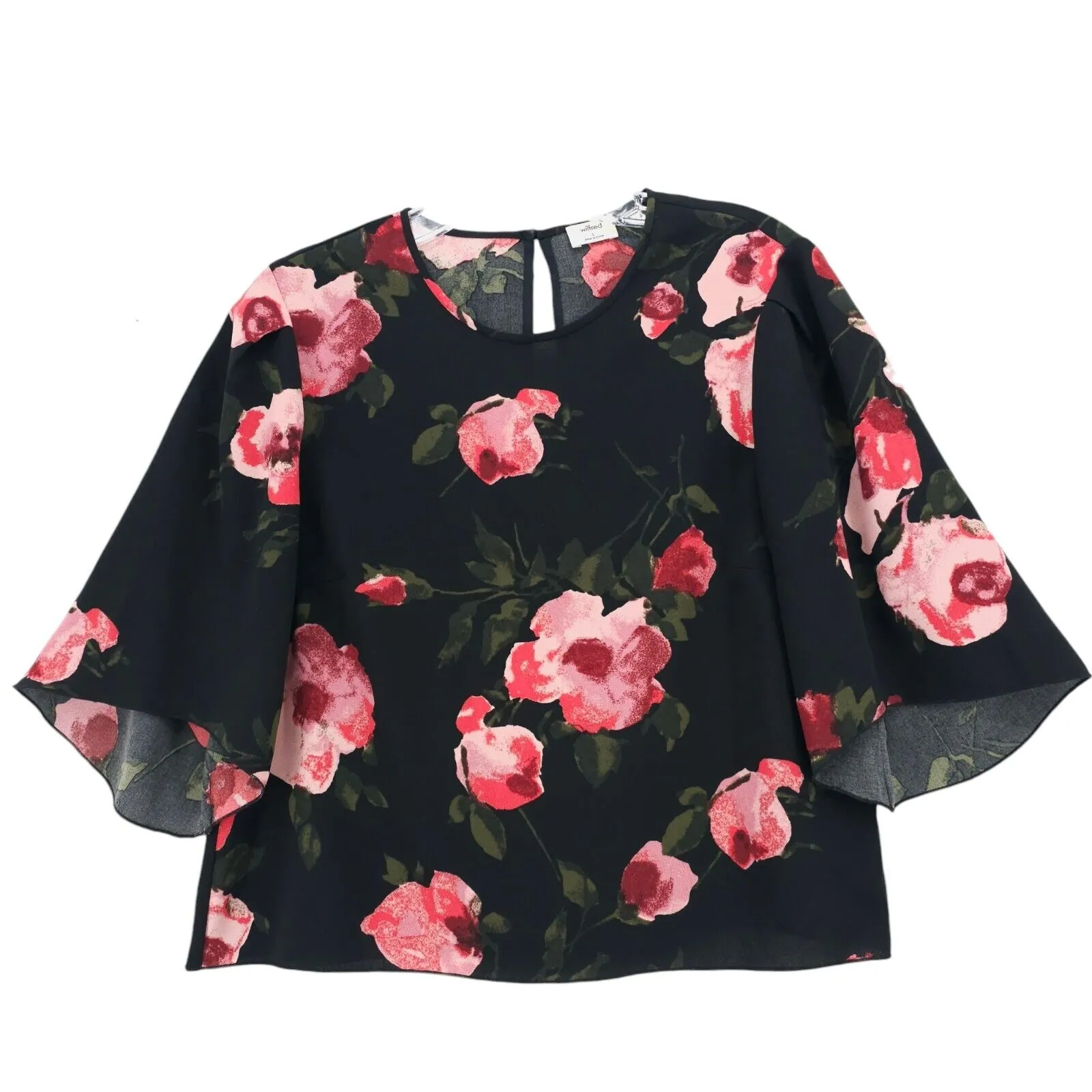 WILFRED Aritzia Cambrai Blouse Black Red Floral Cropped Half Sleeve EUC SMALL