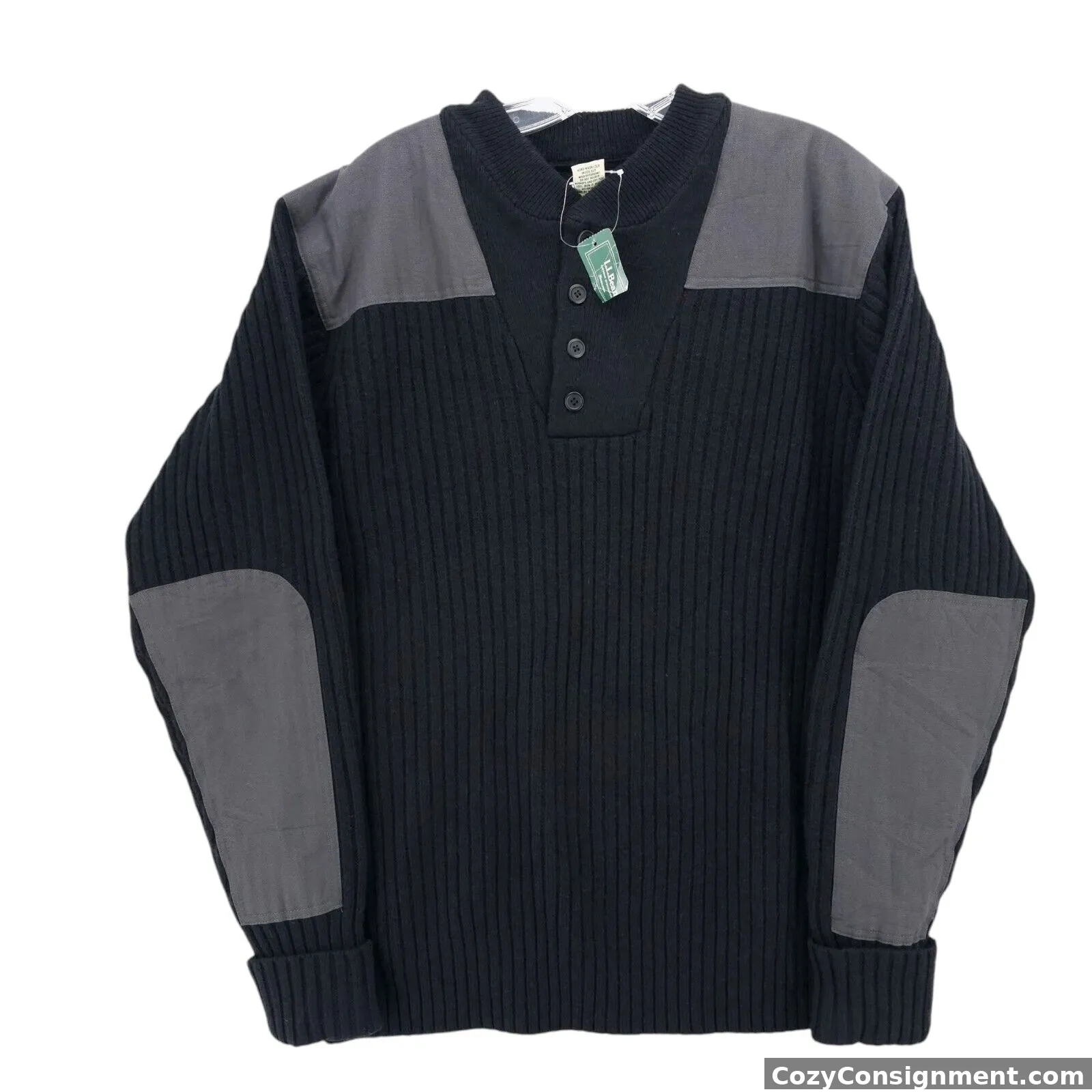 NWT LL Bean Commando Henley Sweater 100% Merino Lambs Wool Black Ribbed LARGE