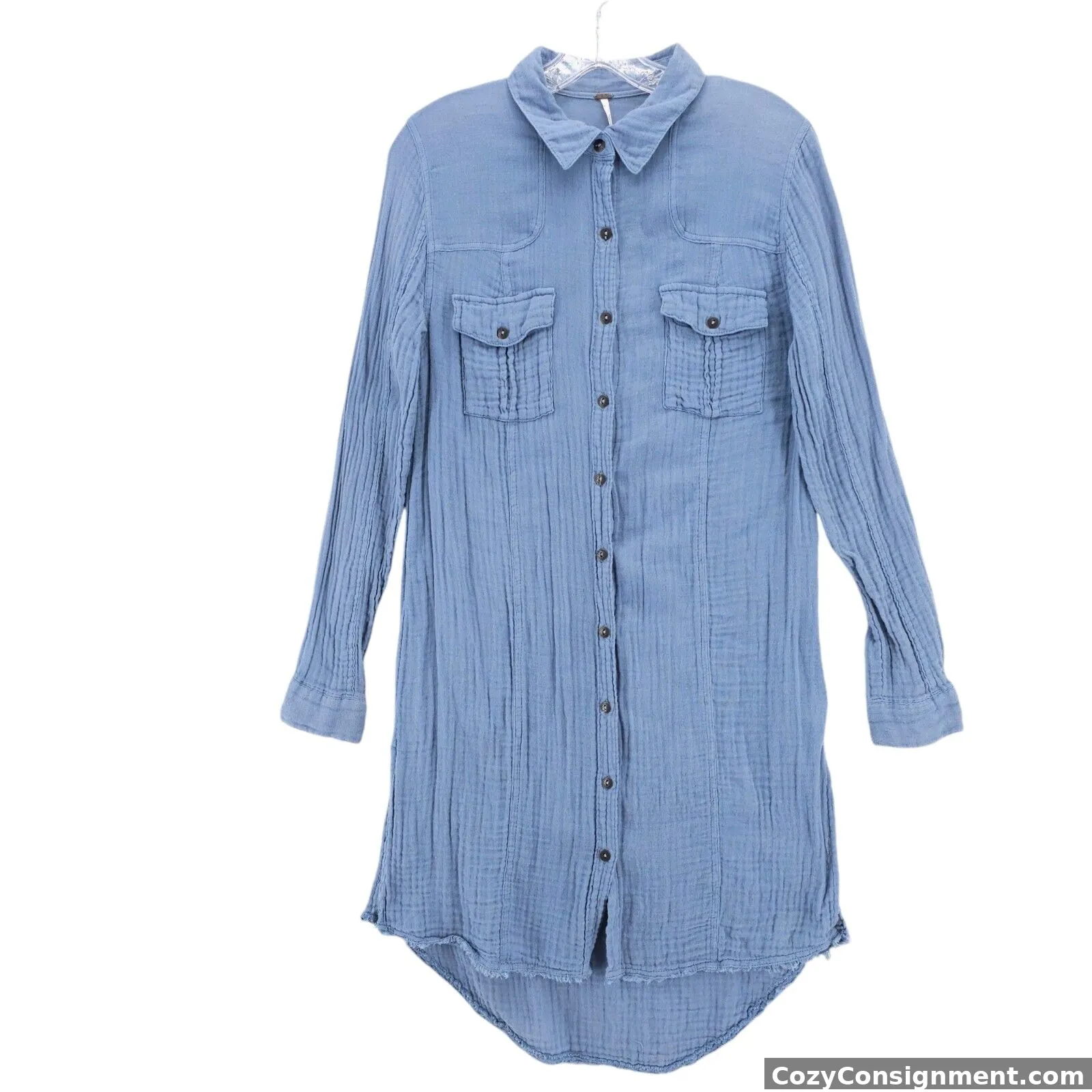 FREE PEOPLE Blue Gauze Cotton Tunic Shirt Dress Hi Lo Fringe Hem SMALL