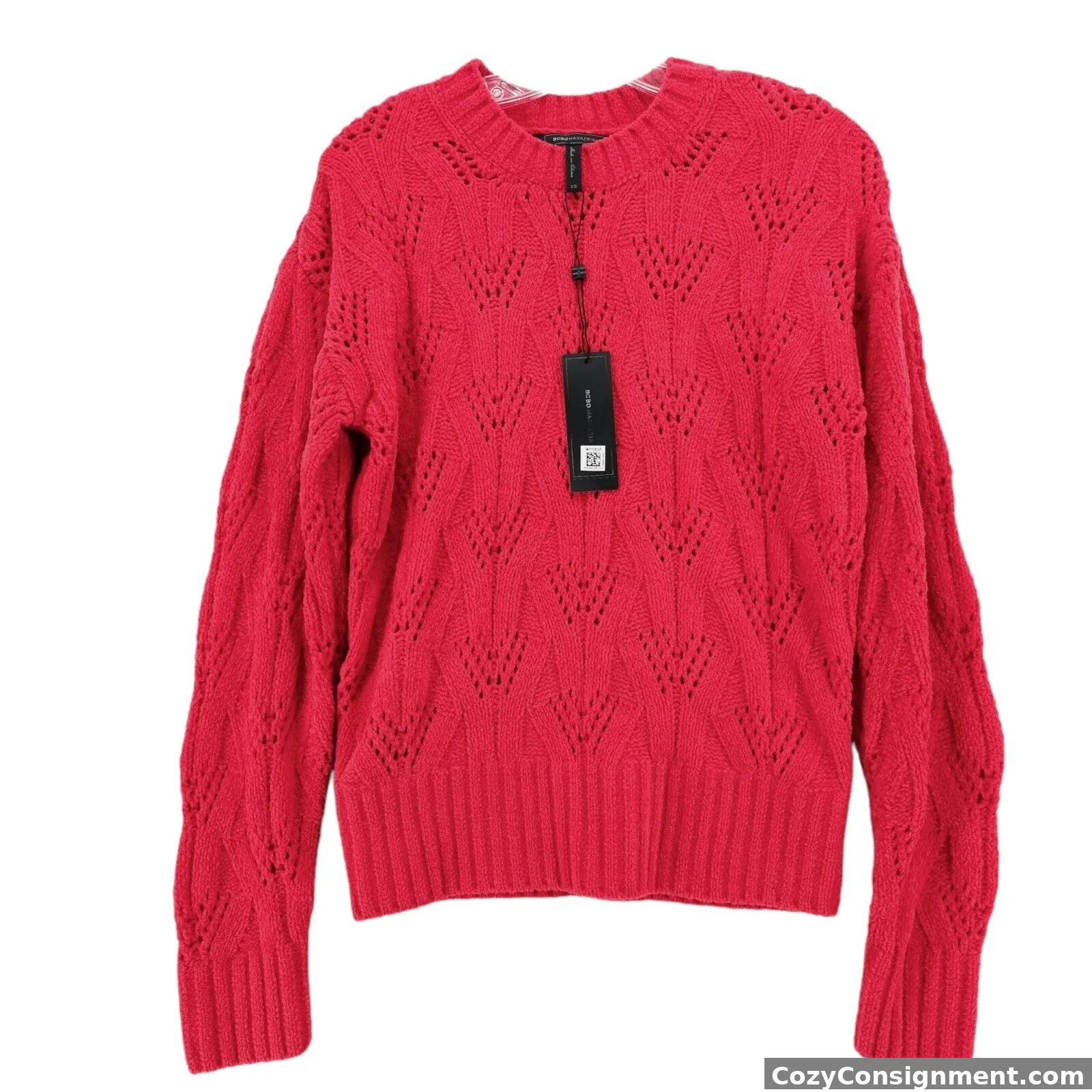 NWT BCBG MAXAZRI Bright Red Pointelle Knit Chenille Pullover Sweater Size XS