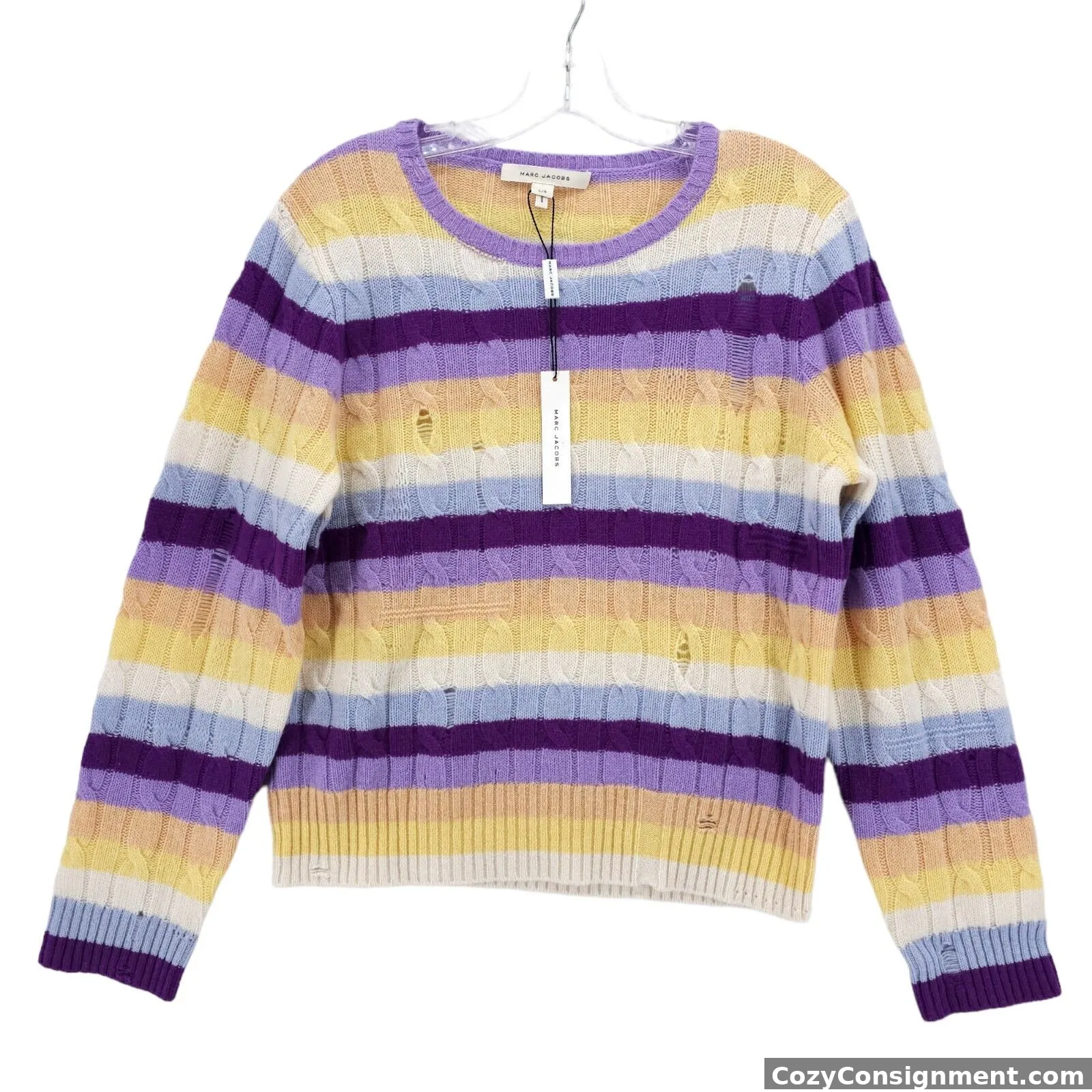 NWT MARC JACOBS 100% Cashmere Cable Knit DISTRESSED Sweater Striped Size LARGE