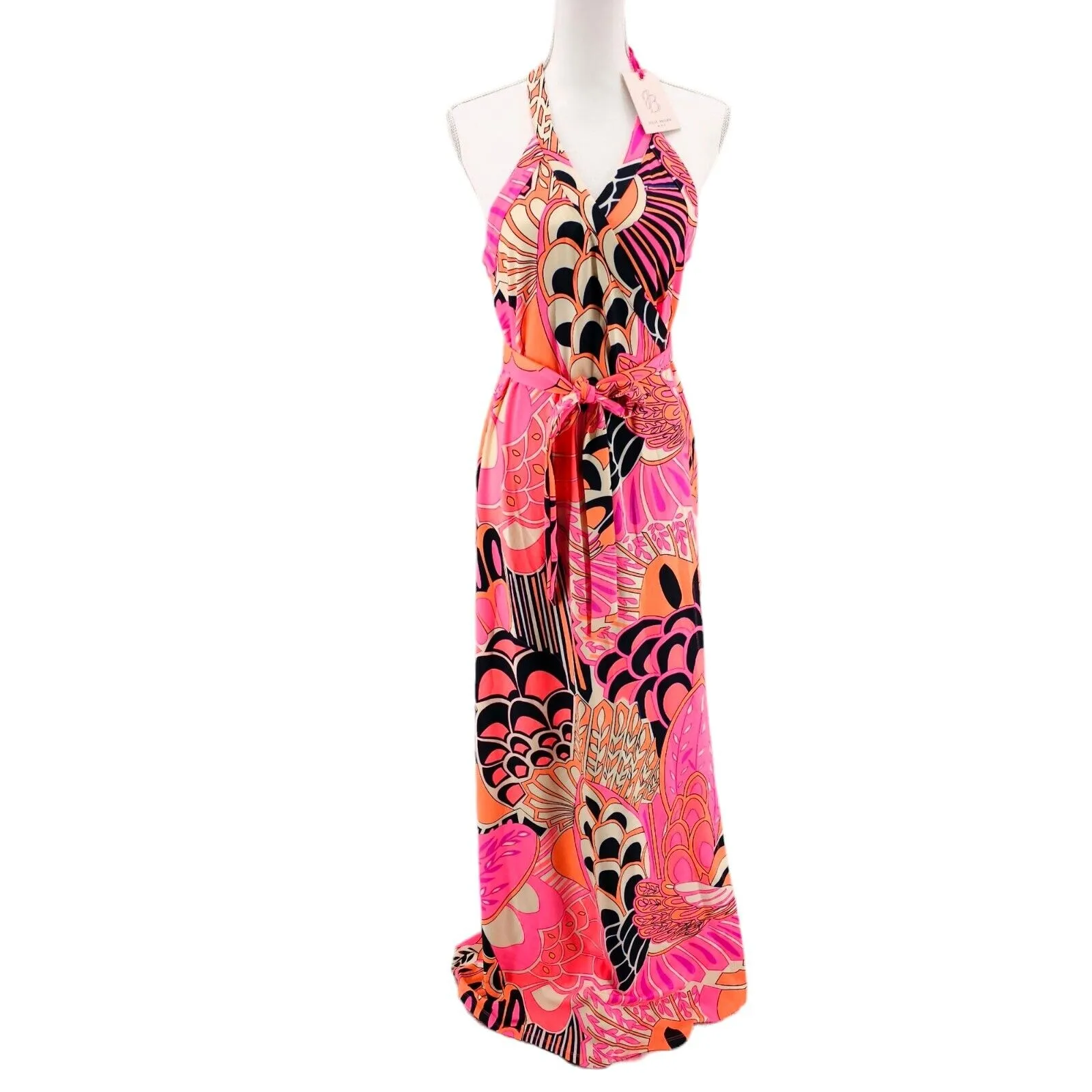 NWT JULIE BROWN Sharon Maxi Wrap Dress Neon Pink Orange Stretch LARGE