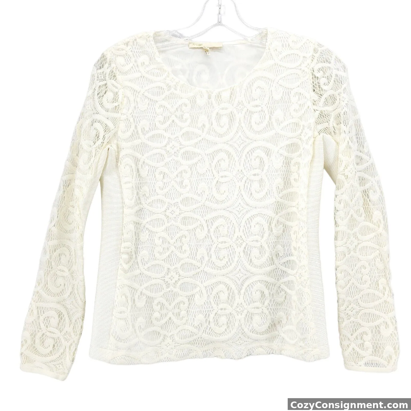 MAJE "LUNA" Lace Overlacy and Rib-knit Top Ivory Cream  Long Sleeve Size 1