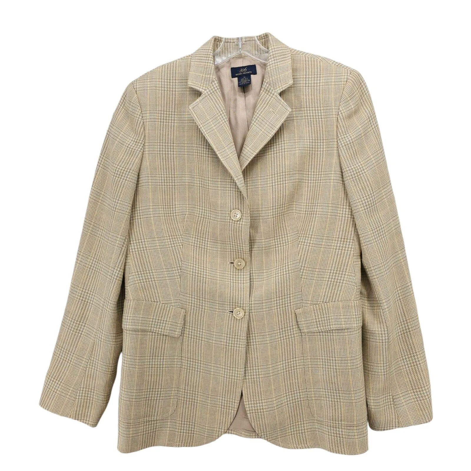 BROOKS BROTHERS Silk Wool Linen Blazer Houndstooth Plaid Beige Yellow Size 10