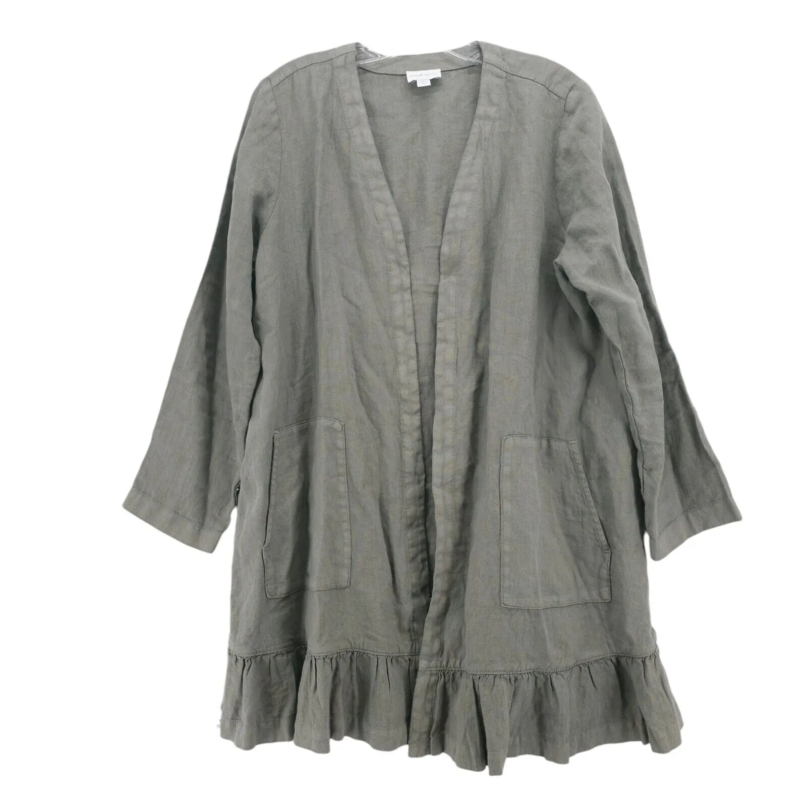 J. JILL Garment Dyed 100% Linen Lagenlook Duster Ruffled Hem Open MEDIUM PETITE