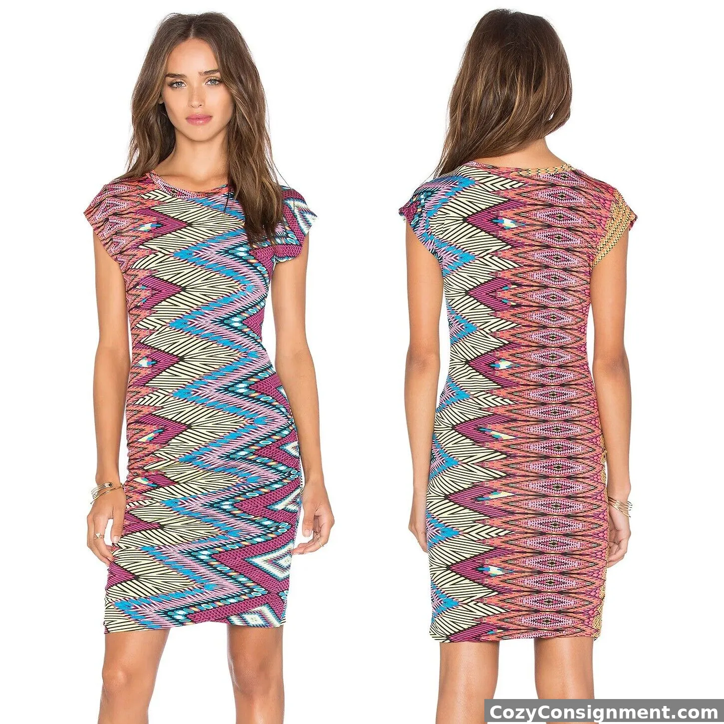 MISA Los Angeles Cyan Mini Dress Summer Ikat Geometric Ruched Stretch XS - NWT