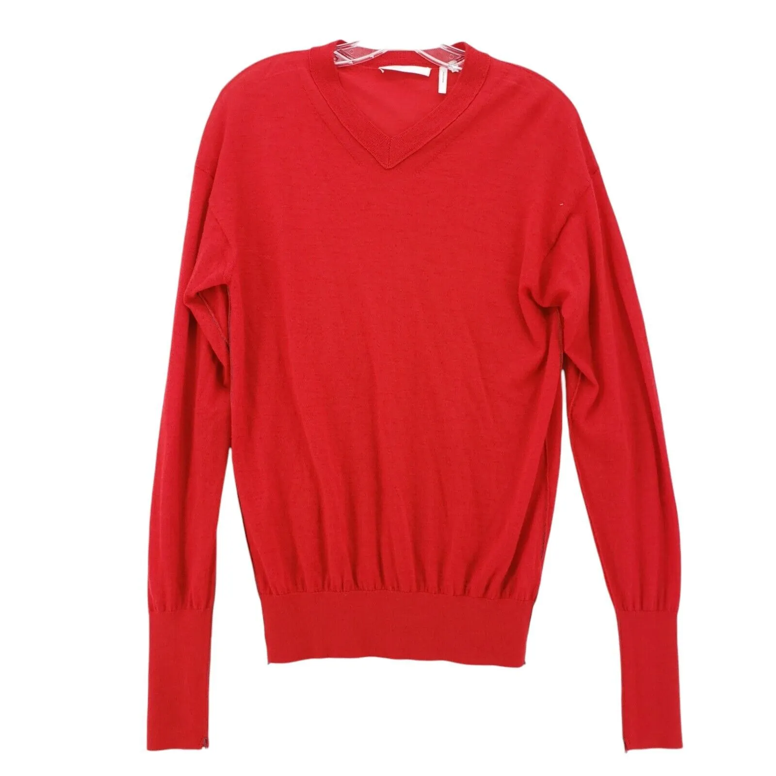 HELMUT LANG 100% CASHMERE Red V-Neck Sweater Contrast Stitch EUC Size SMALL