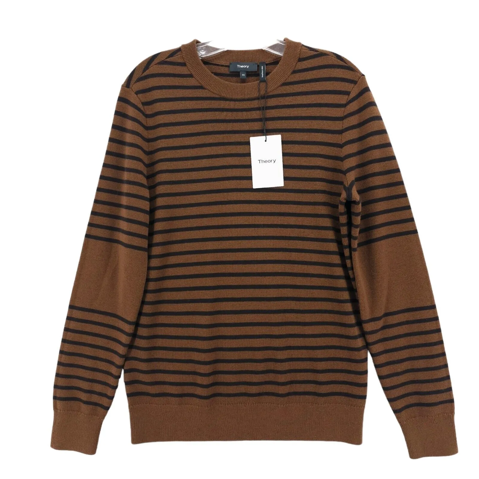 NWT THEORY Geitz Merino Wool Sweater Hazel Brown Striped Stretch Men's Size XS