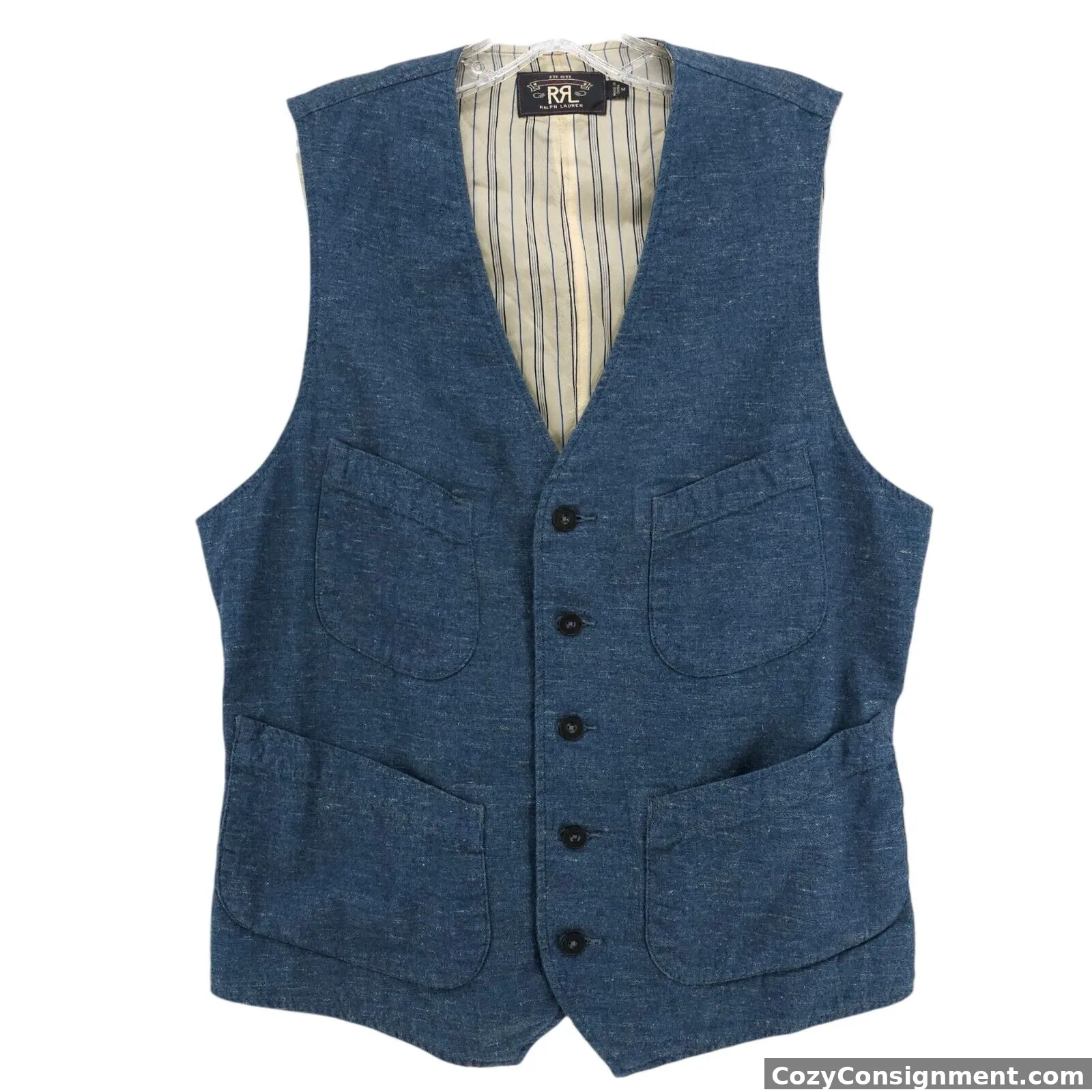 RRL Double RL Vest 100%Cotton Heather Blue Woven Cinch Back Size MEDIUM