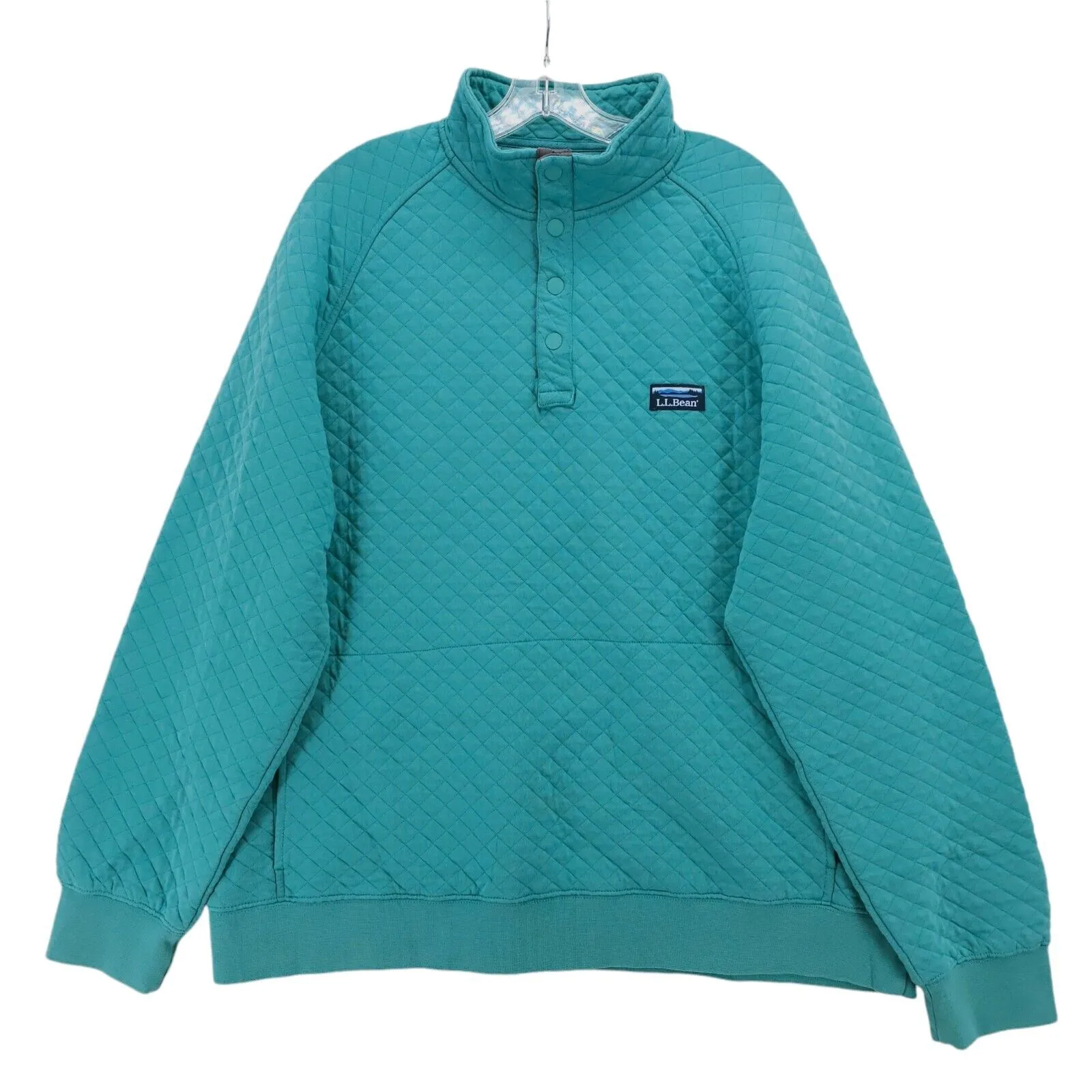 LL BEAN Men’s Teal Quilted Sweatshirt Mockneck 4 Snap Tradidional Fit Size XL