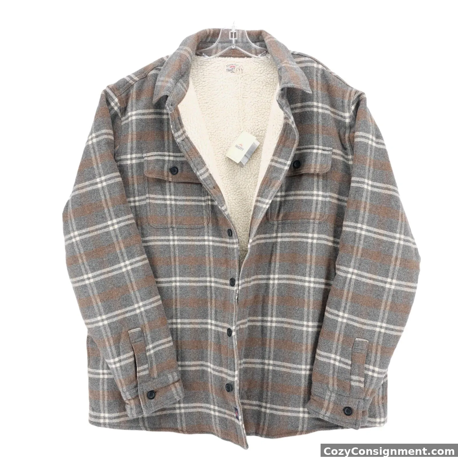 NWT FAHERTY Sherpa Lined CPO Shirt Jacket Dover Plaid Gray Brown Size XXL