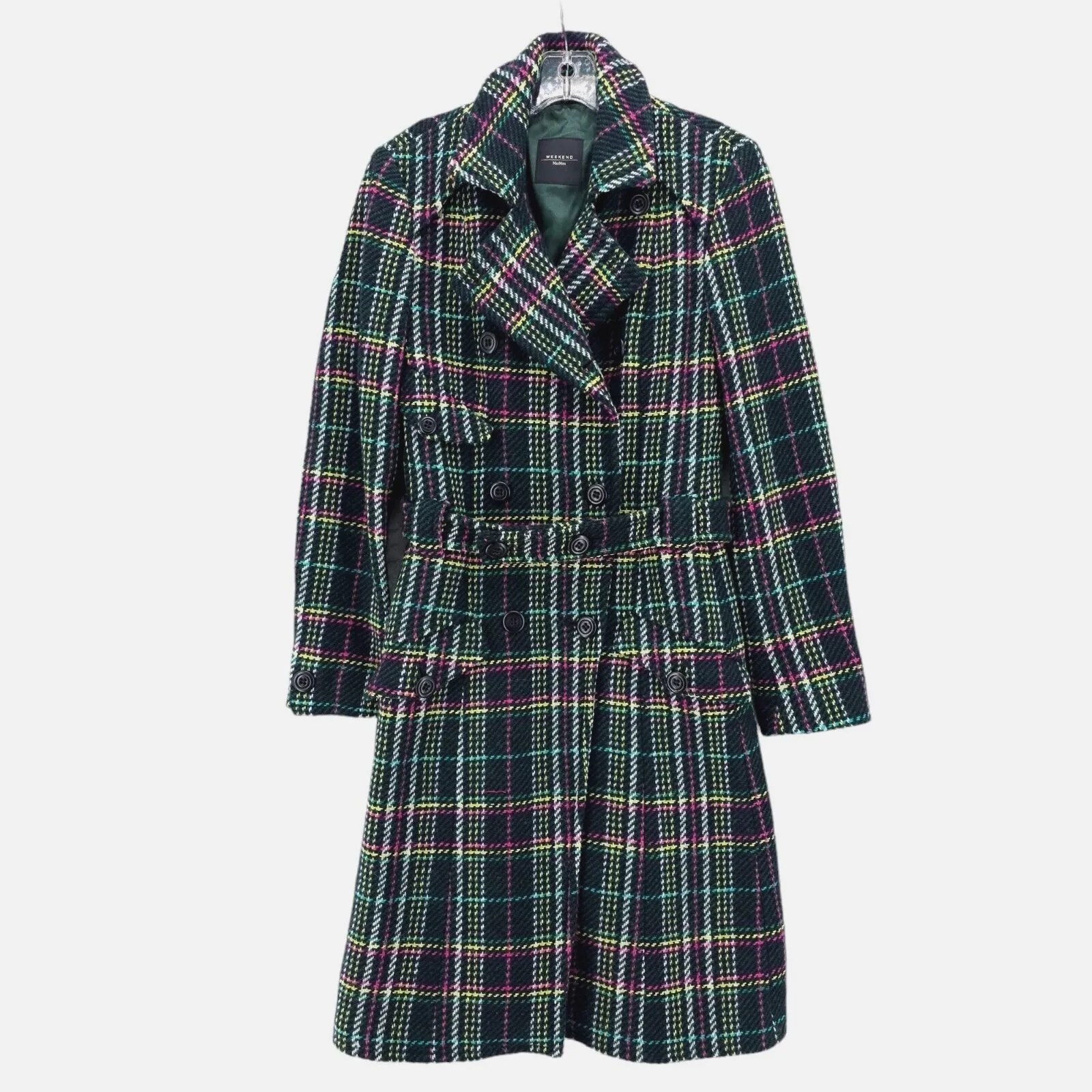 Max Mara Weekend Plaid 100% Virgin Wool Double Breasted Coat Belted Size US 8