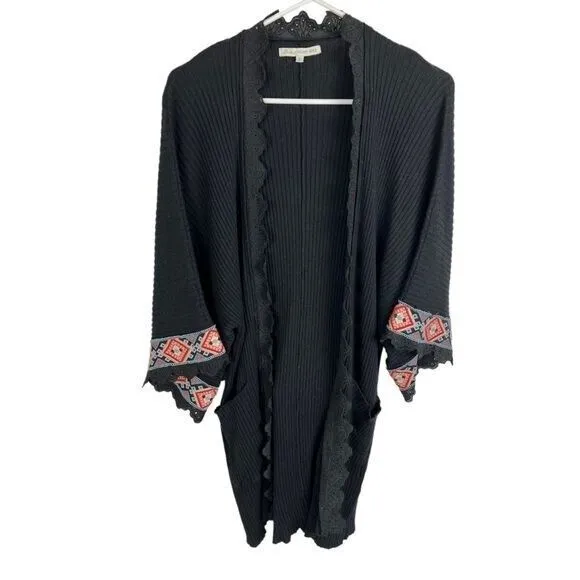 JOHNNY WAS Black Knit Rib Kimono Sleeve Cardigan Embroidered Lace SMALL