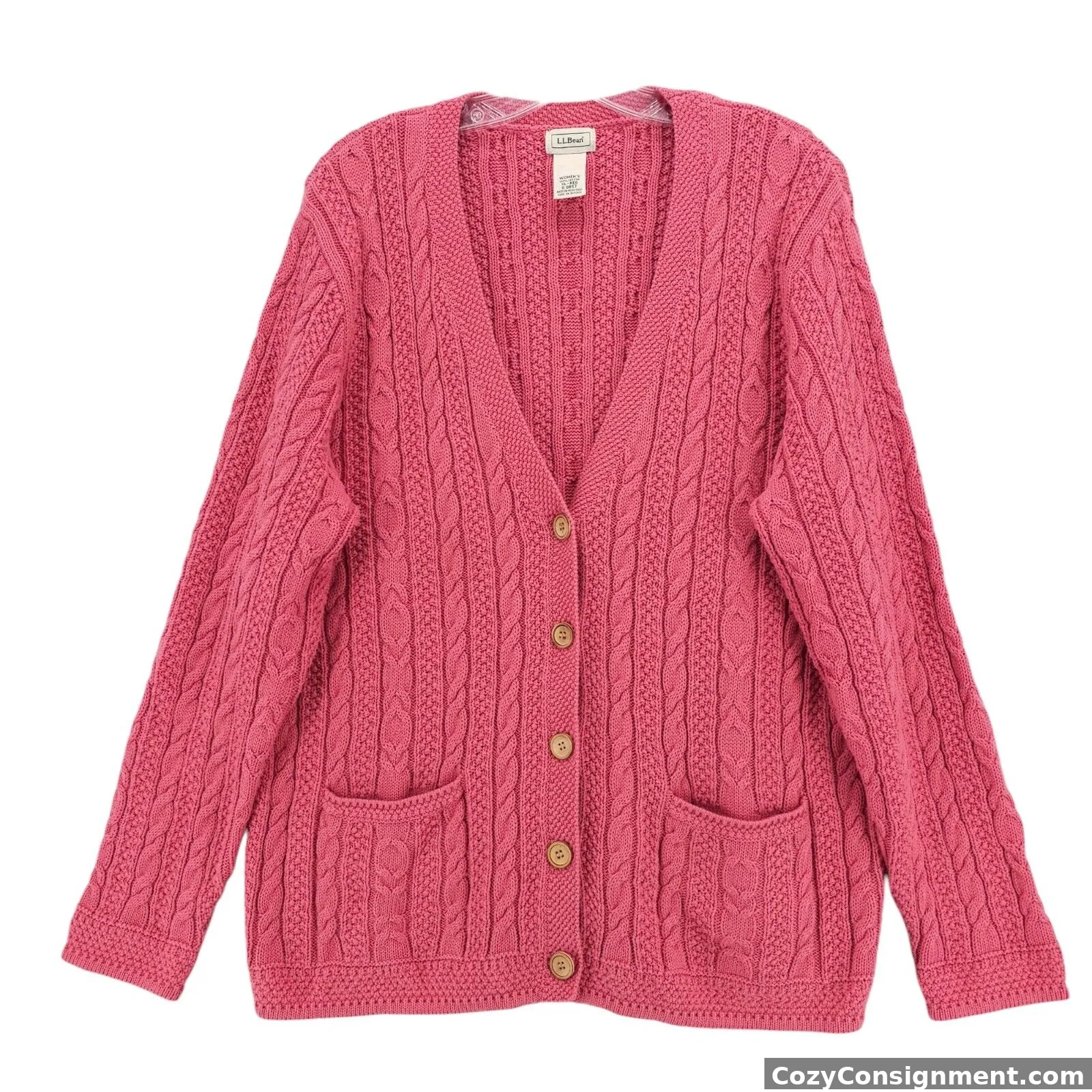 LL BEAN Pink Cable Knit Cardigan 100% Cotton Pockets Size XL