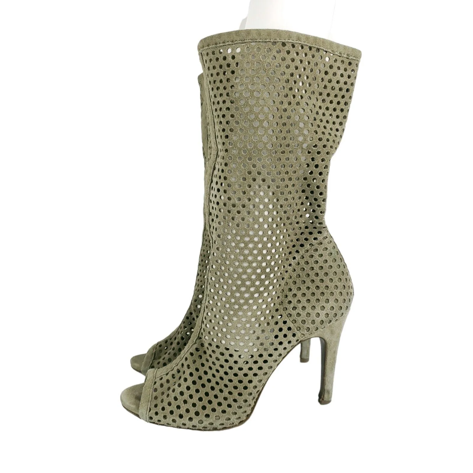 Pedro Garcia Sira Suede Perforated Peep Toe Boots Beige Gray Dune Size 37.5