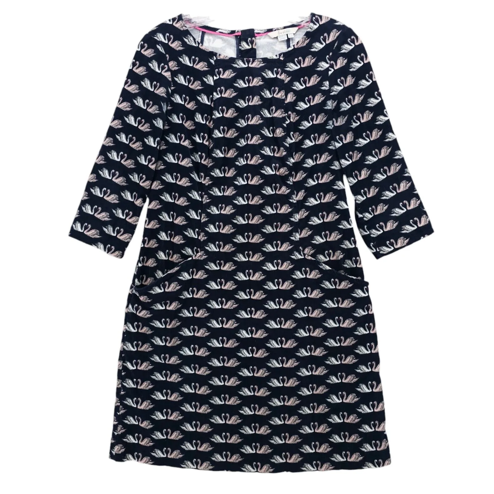 BODEN Corduroy All Over Swan Print Shift Dress Animal Print Dark Blue Pockets 6P