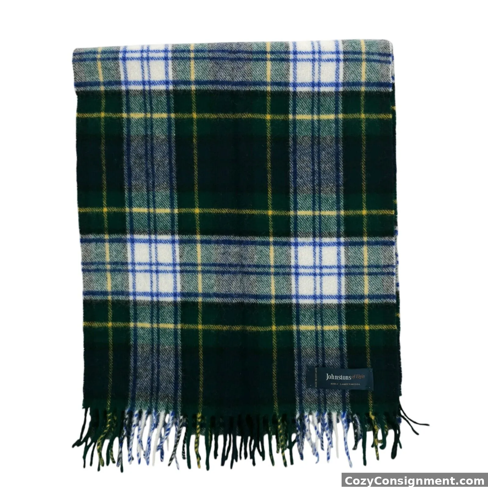 JOHNSTONS OF ELGIN 100% Lambswool Scarf Green Blue Plaid Unisex Made in Scotland