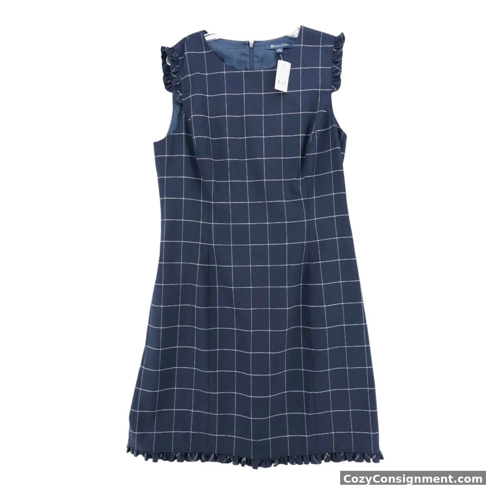 NWT BROOKS BROTHERS Wool Blend Navy Blue Check Dress Ruffle Trim Size 14