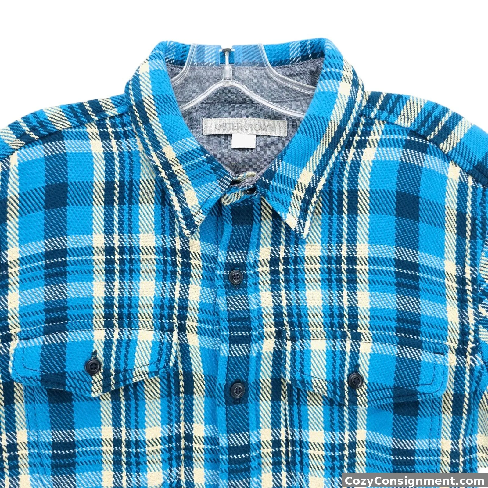 NWOT OUTERKNOW Blanket Shirt Blue Yellow Plaid 100% Organic Cotton Men's SMALL