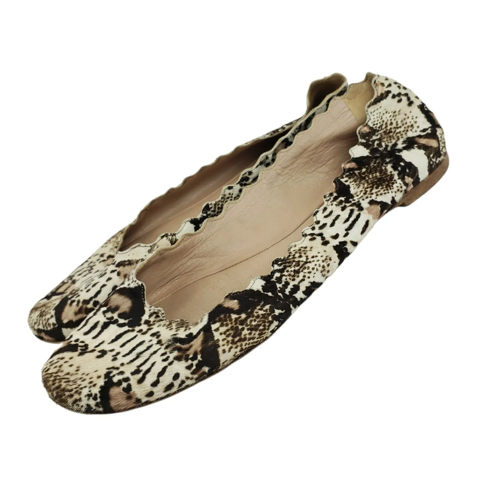 Chloe Ballerina Animal Print Pony Hair Scalloped Ballet Flats 35.5 = US 5.5