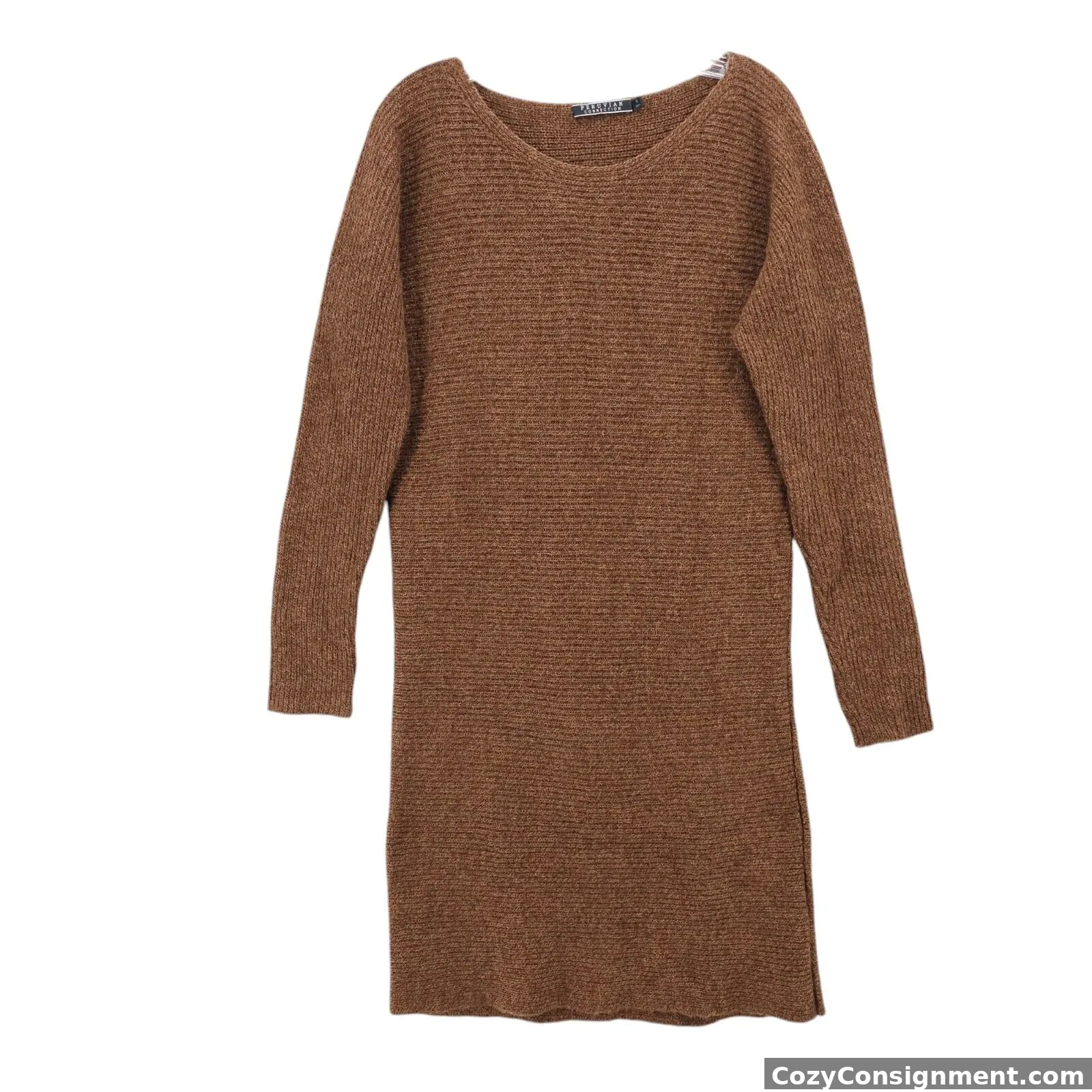 PERUVIAN CONNECTION 100% Baby Alpaca Sweater Dress Marled Brown Boat Neck SMALL