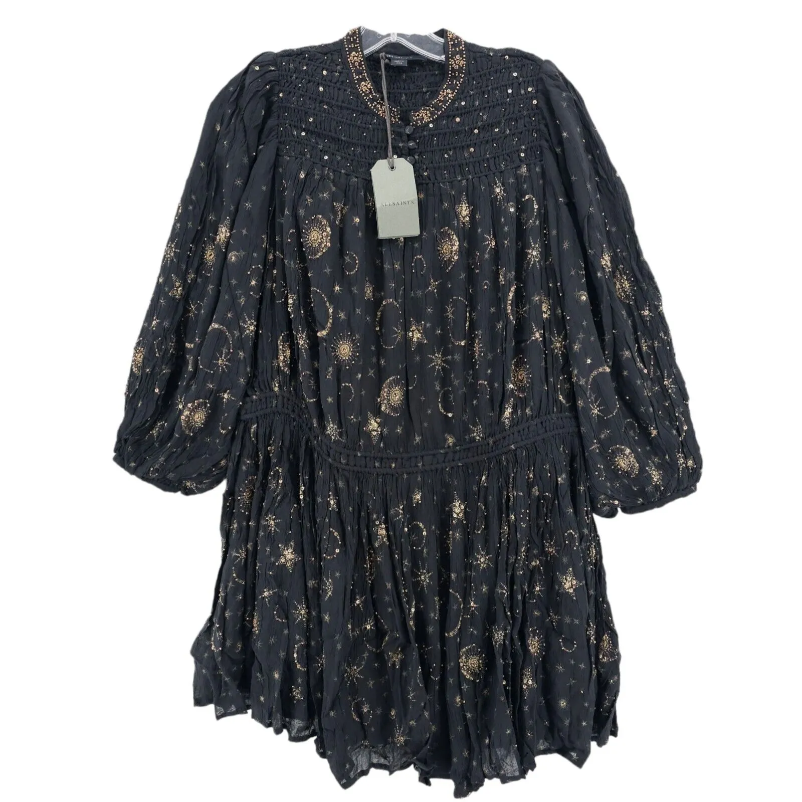 NWT ALLSAINTS Isobella Selene Star Moon Embellished Dress Black Gold Beaded US 2