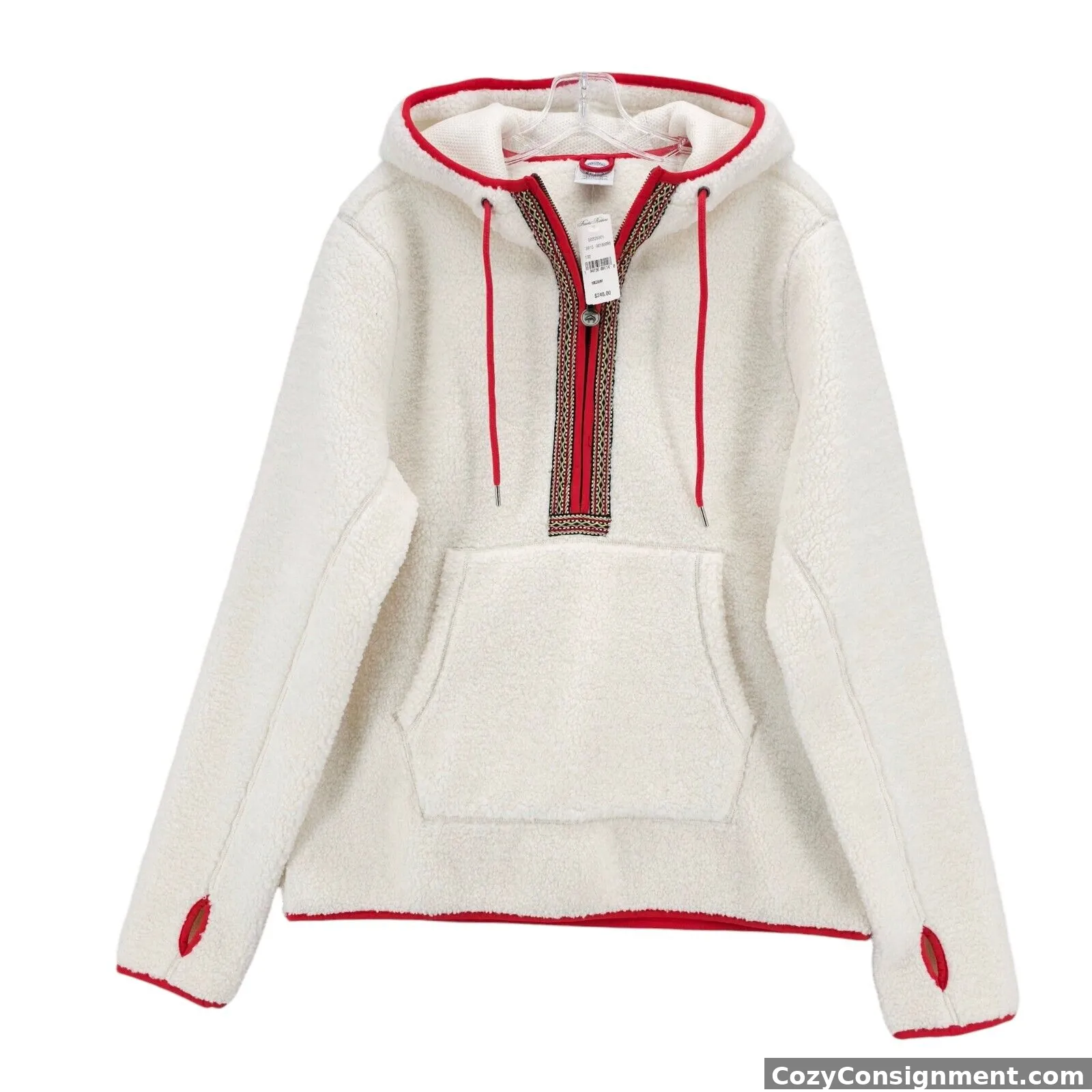 NWT BROOKS BROTHERS Teddy Fleece Hoodie Faux Sherpa White Red Trim MEDIUM