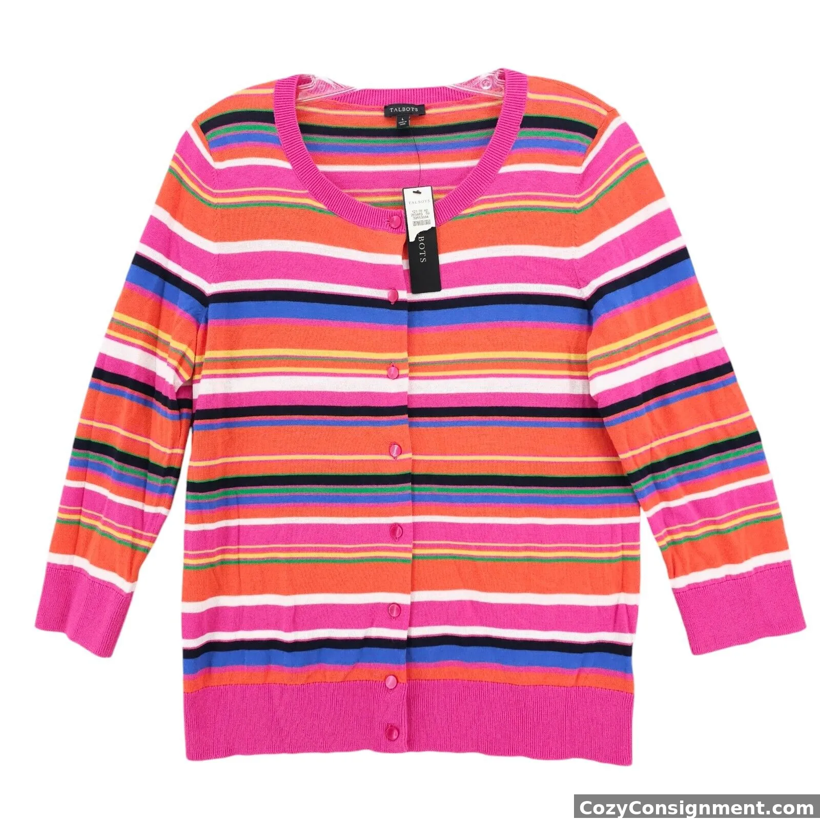 NWT TALBOTS Cardigan Colorful Striped Cotton Blend 3/4 Sleeve Size LARGE