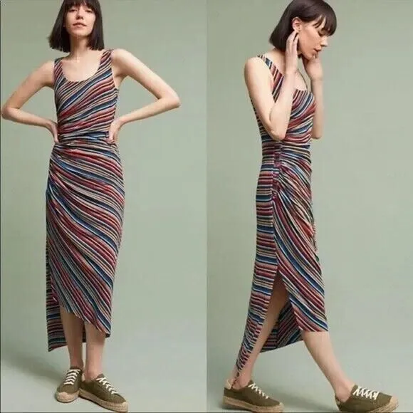 BAILEY 44 Rainbow Striped Luca Sleeveless Ruched Shirred Midi Dress XS