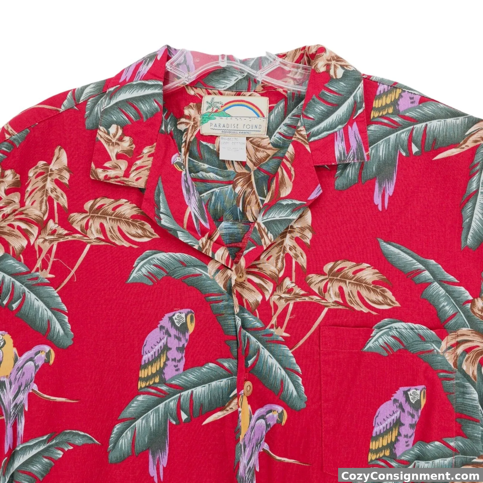 PARADISE FOUND Magnum PI Red Hawaiian Shirt Vintage Parrots Palm Tree LARGE